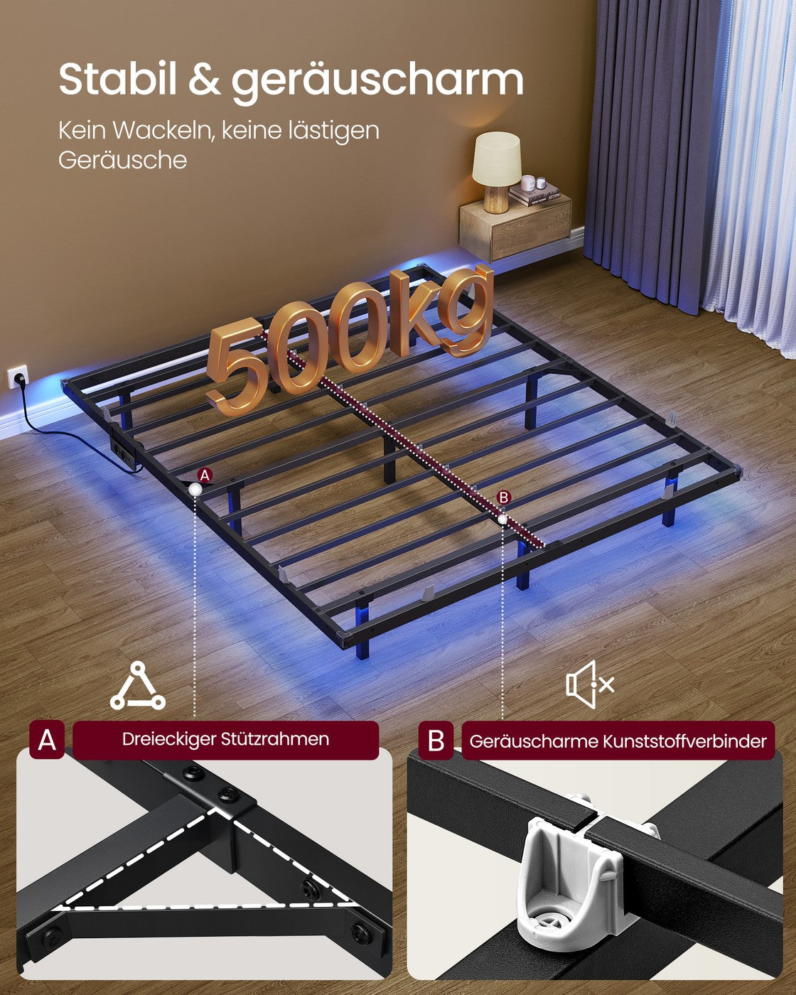 Bedframe - 160 x 200 cm - Zwevend effect - Ledverlichting - Afneembare stekkerdoos met 2 stopcontacten, 1 USB-C-poort en 2 USB-A-poorten - Inktzwart - Draagvermogen tot 500 kg