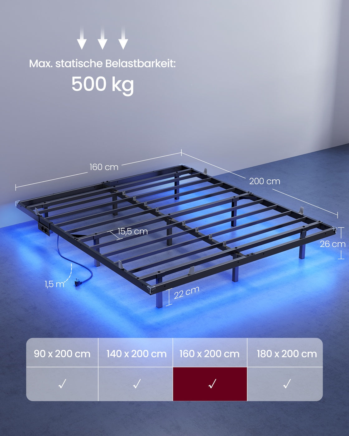 Bedframe - 160 x 200 cm - Zwevend effect - Ledverlichting - Afneembare stekkerdoos met 2 stopcontacten, 1 USB-C-poort en 2 USB-A-poorten - Inktzwart - Draagvermogen tot 500 kg