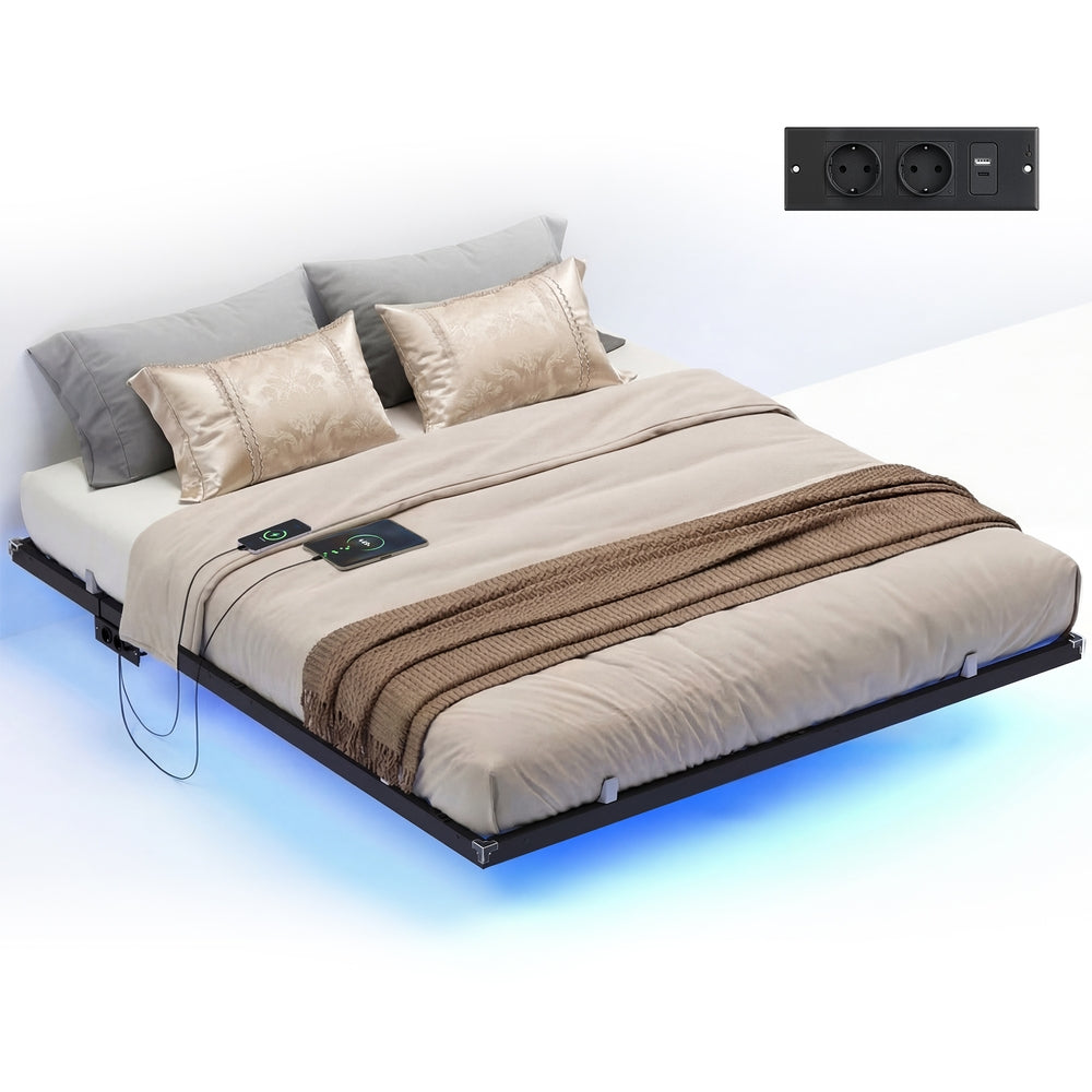 Bedframe - 180 x 200 cm - Zwevend effect - LED-verlichting - Afneembare stekkerdoos - 2 stopcontacten - 1 USB-C-poort - 2 USB-A-poorten - Inktzwart - Draagvermogen tot 500 kg