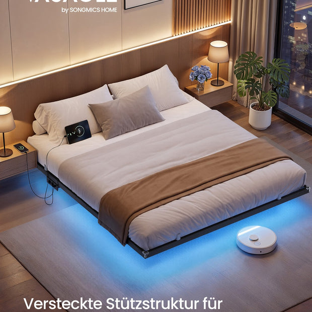 Bedframe - 180 x 200 cm - Zwevend effect - LED-verlichting - Afneembare stekkerdoos - 2 stopcontacten - 1 USB-C-poort - 2 USB-A-poorten - Inktzwart - Draagvermogen tot 500 kg