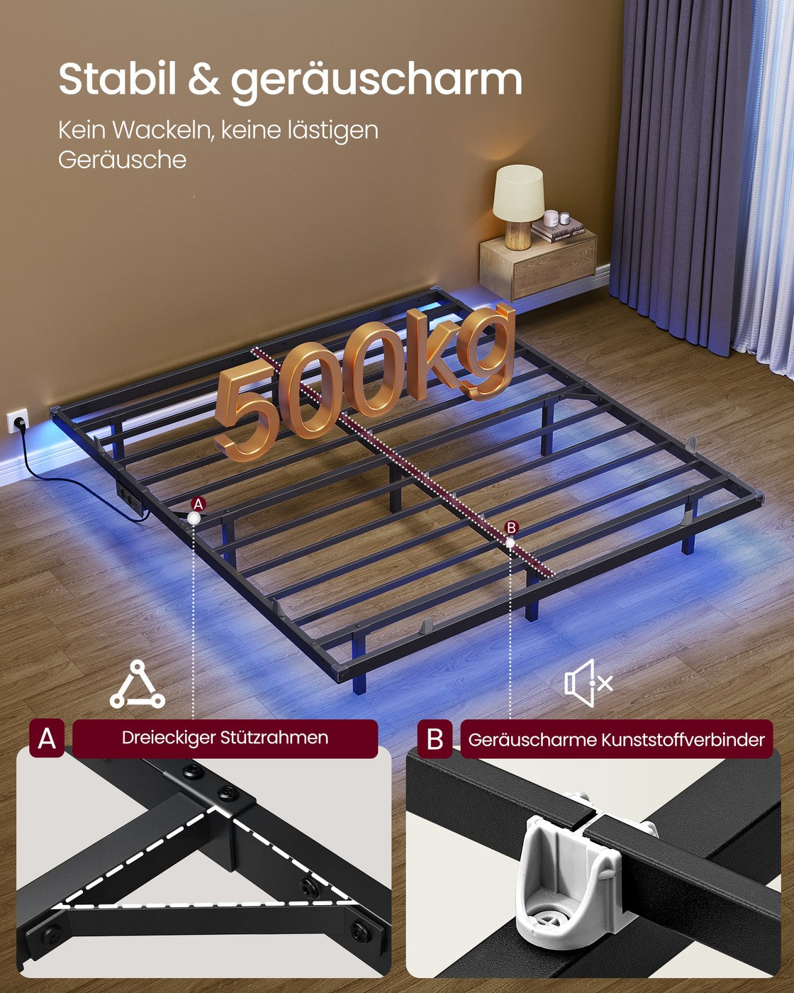 Bedframe - 180 x 200 cm - Zwevend effect - LED-verlichting - Afneembare stekkerdoos - 2 stopcontacten - 1 USB-C-poort - 2 USB-A-poorten - Inktzwart - Draagvermogen tot 500 kg