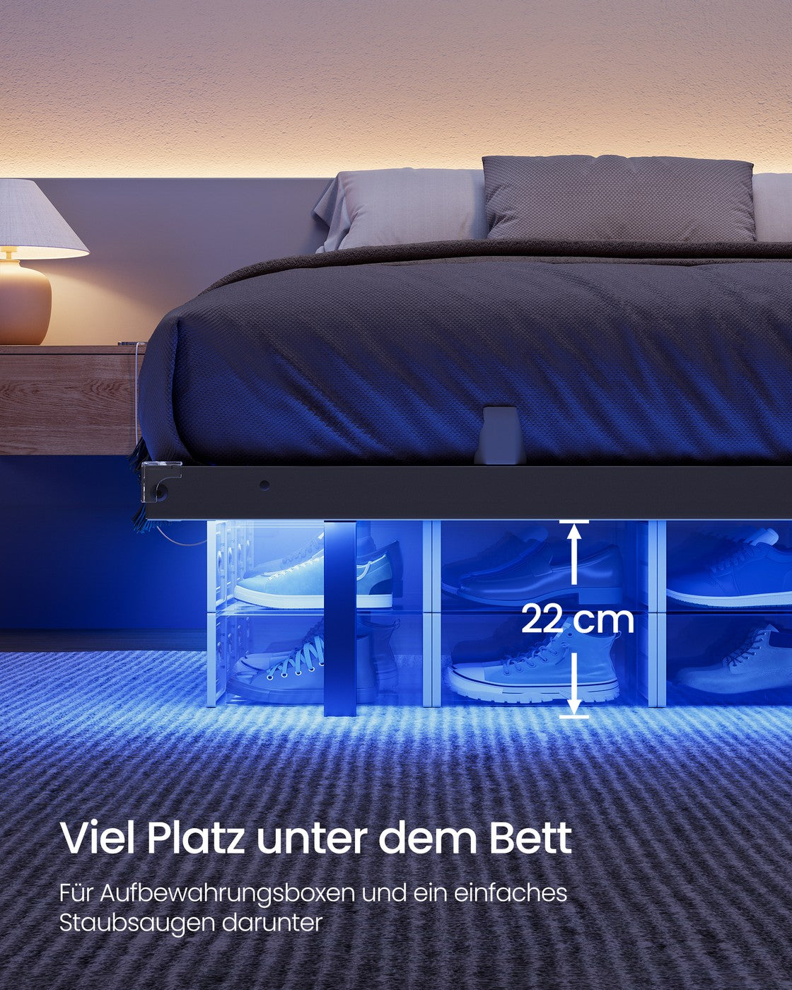 Bedframe - 180 x 200 cm - Zwevend effect - LED-verlichting - Afneembare stekkerdoos - 2 stopcontacten - 1 USB-C-poort - 2 USB-A-poorten - Inktzwart - Draagvermogen tot 500 kg