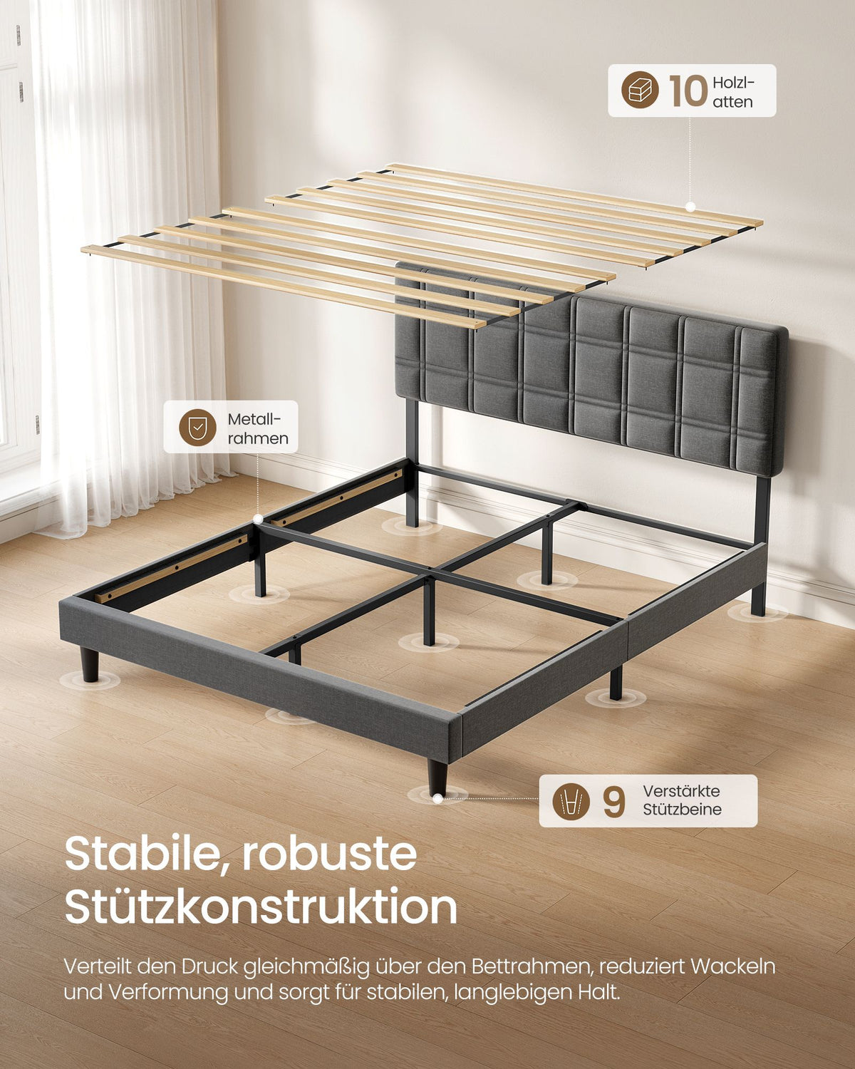 Gestoffeerd Bed 160 x 200 cm – Met Hoofdbord – Houten Lattenbodem – Geruisloos – Leigrijs