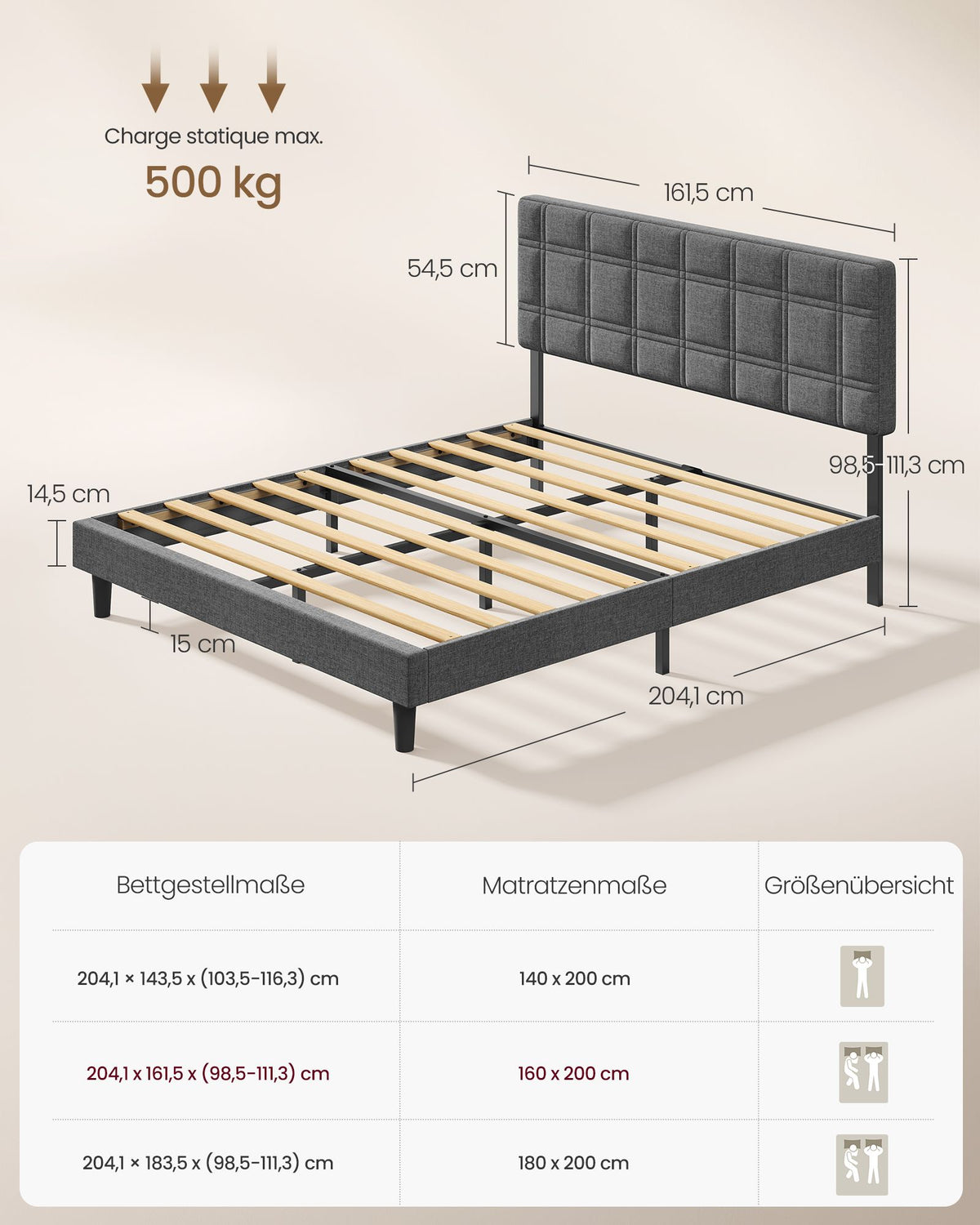 Gestoffeerd Bed 160 x 200 cm – Met Hoofdbord – Houten Lattenbodem – Geruisloos – Leigrijs
