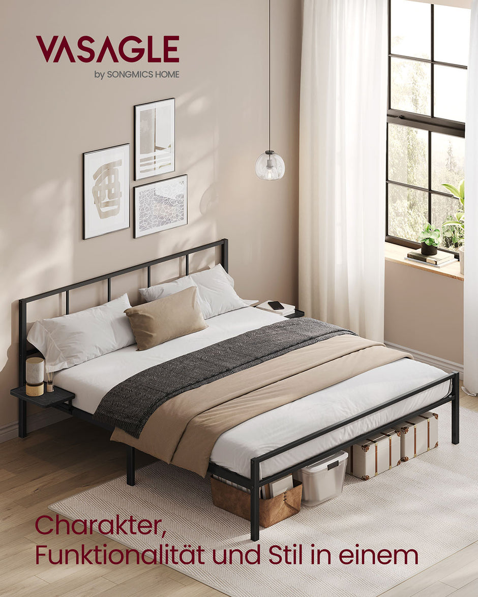 Tweepersoonsbedframe met matzwart hoofdbord – Staal – Mat zwart