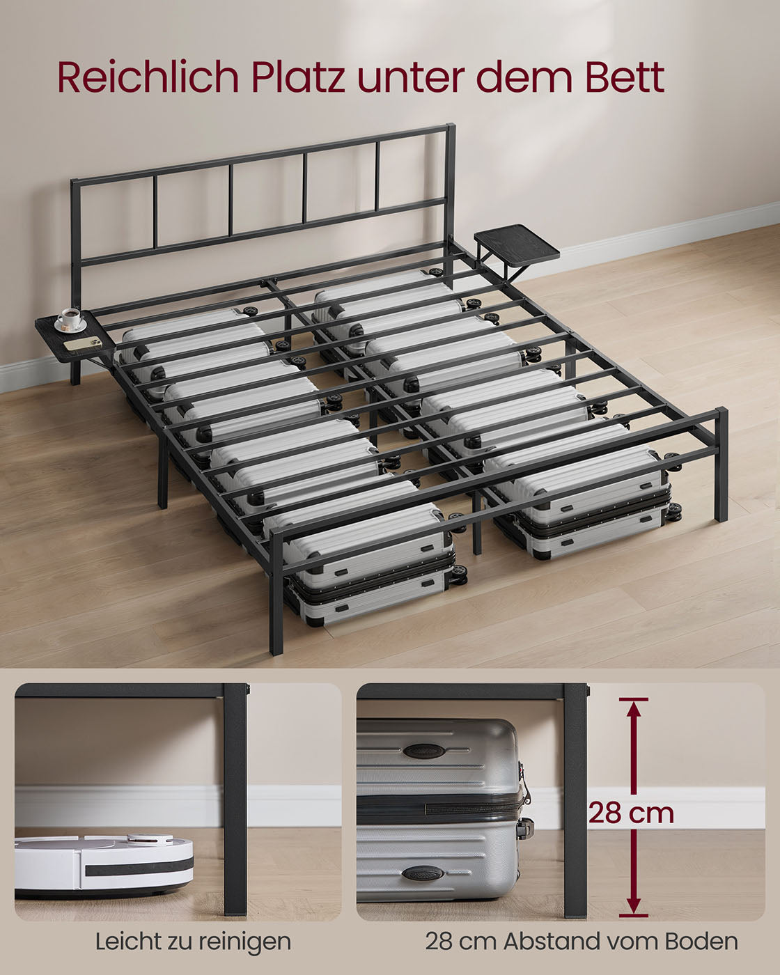 Tweepersoonsbedframe met matzwart hoofdbord – Staal – Mat zwart