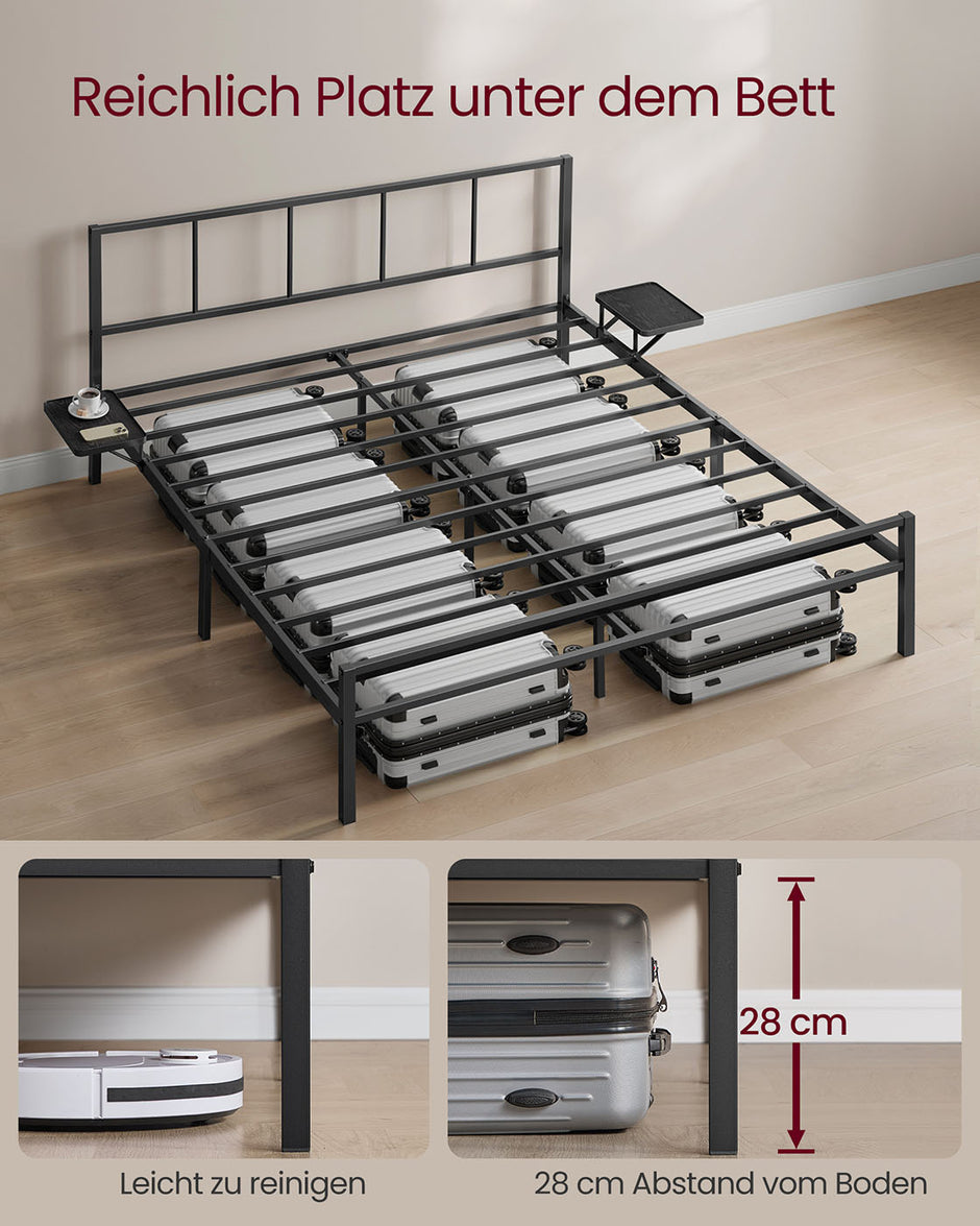 Tweepersoonsbedframe met matzwart hoofdbord – Staal – Mat zwart
