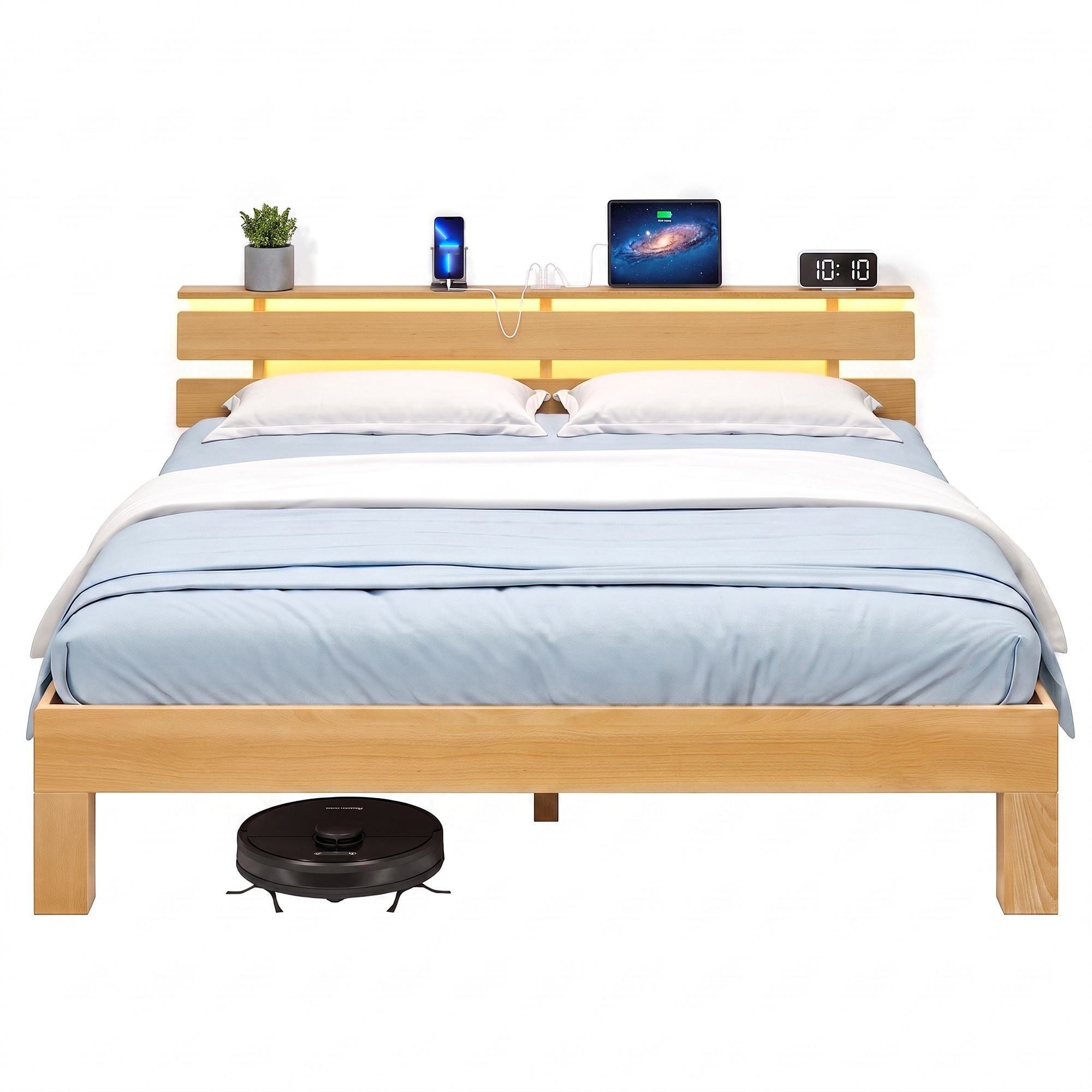 Bedframe - Van Massief Beukenhout - Hoofdbord met LED en USB - Naturel - 221,2 x 164,5 x 78 cm