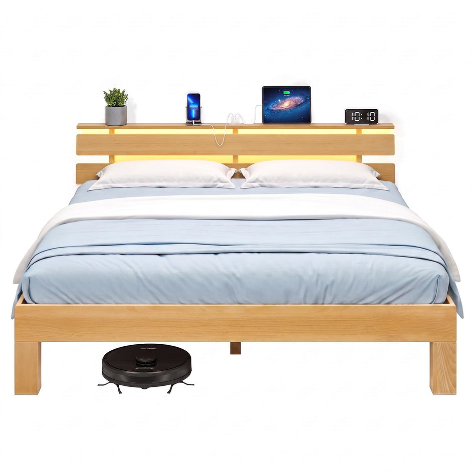 Bedframe - Van Massief Beukenhout - Hoofdbord met LED en USB - Naturel - 221,2 x 164,5 x 78 cm