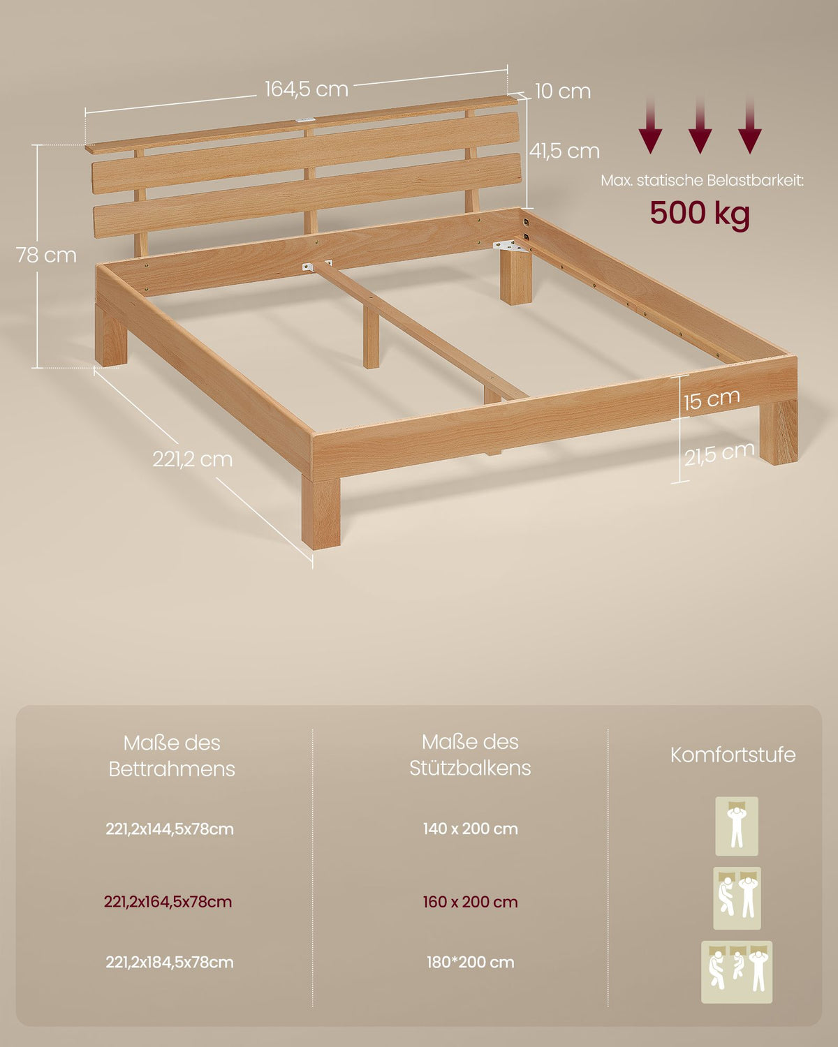 Bedframe - Van Massief Beukenhout - Hoofdbord met LED en USB - Naturel - 221,2 x 164,5 x 78 cm