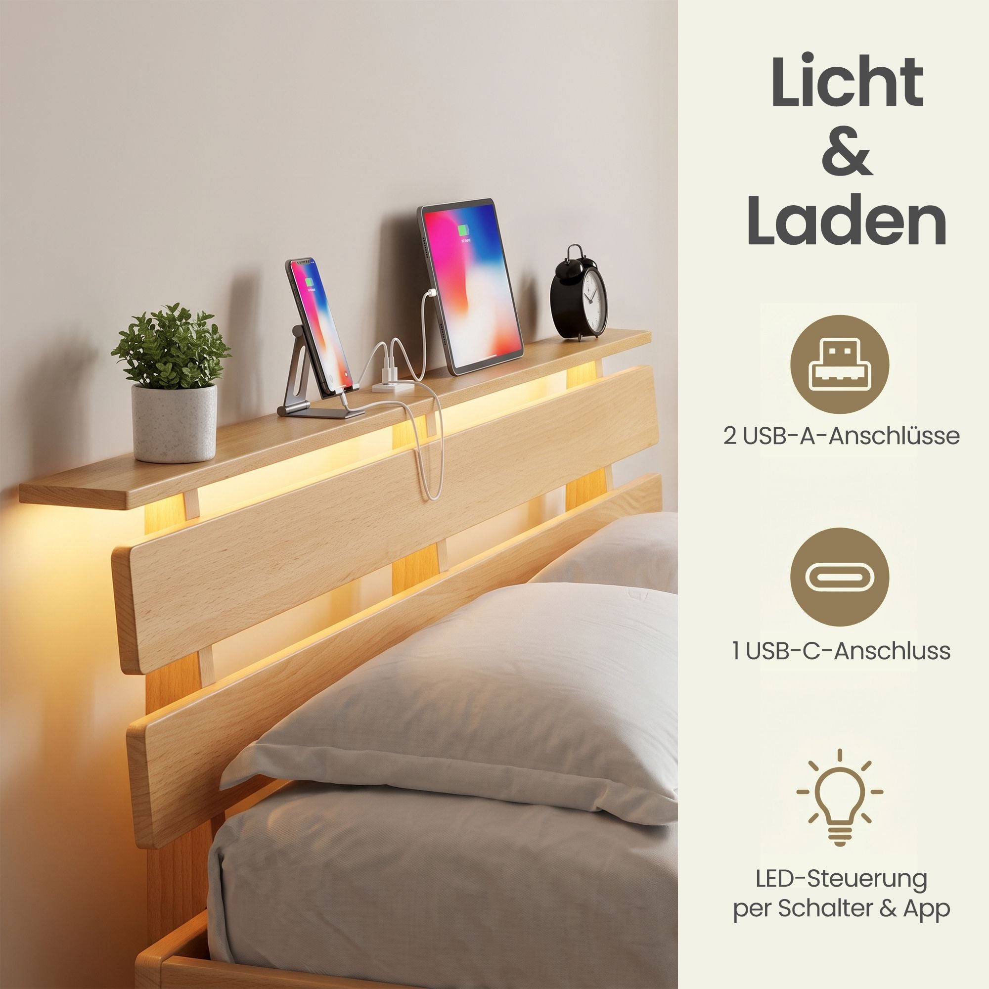 Bedframe - Van Massief Beukenhout - Hoofdbord met LED en USB - Naturel - 221,2 x 184,5 x 78 cm