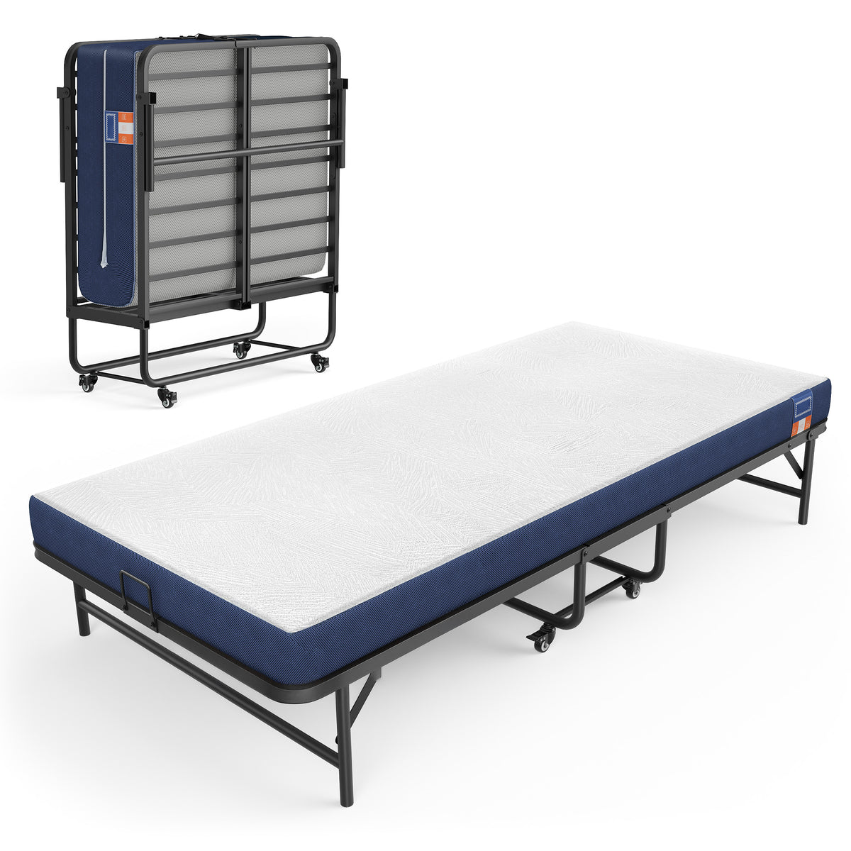 Opklapbed – 90 x 200 cm – Met 13 cm Matras – Op Wieltjes – Tot 250 kg – Blauw