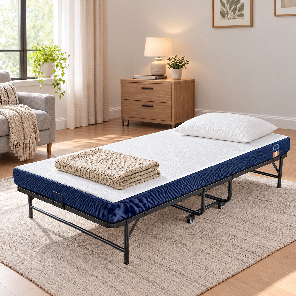 Opklapbed – 90 x 200 cm – Met 13 cm Matras – Op Wieltjes – Tot 250 kg – Blauw