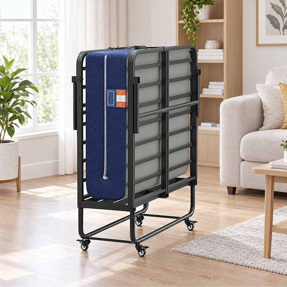 Opklapbed – 90 x 200 cm – Met 13 cm Matras – Op Wieltjes – Tot 250 kg – Blauw