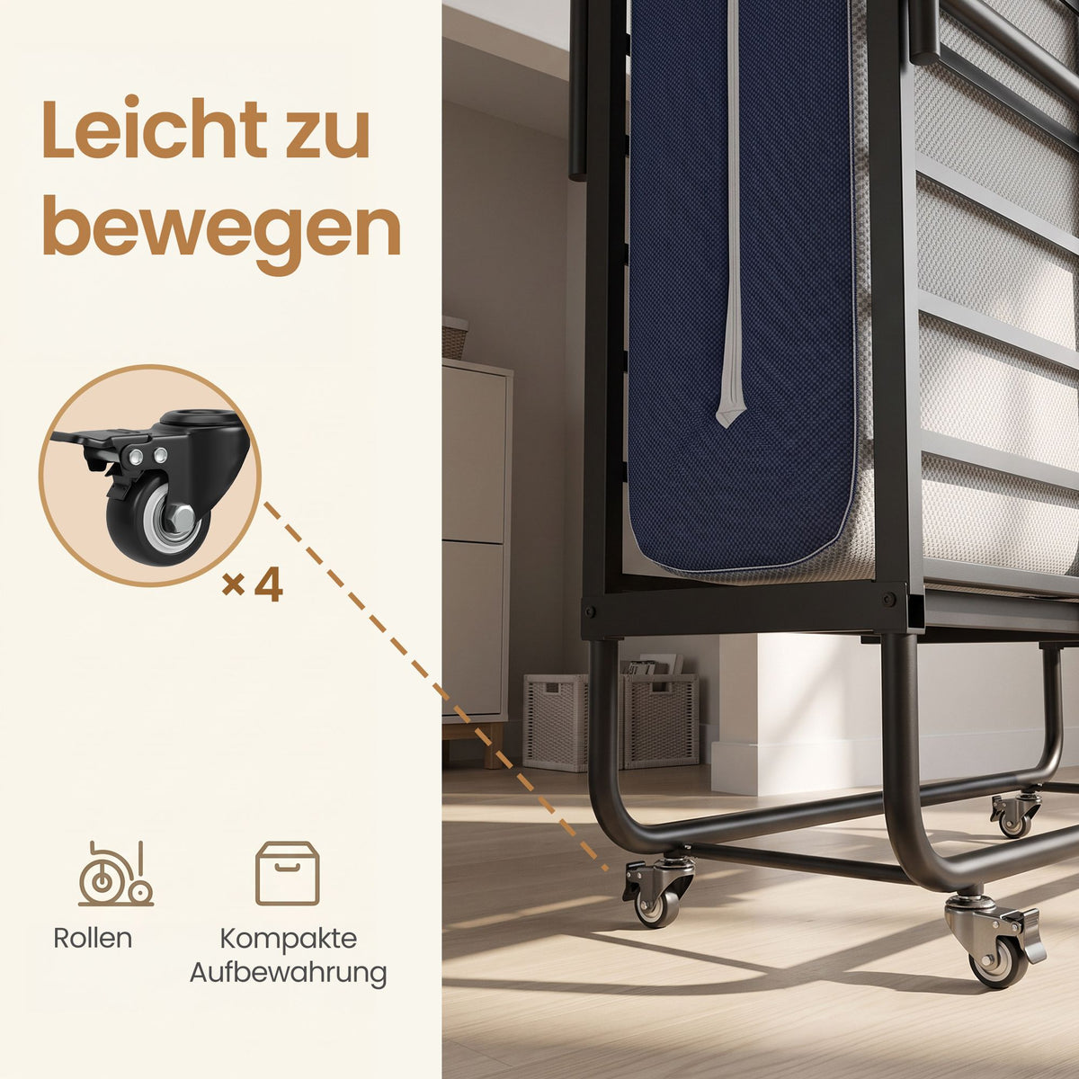 Opklapbed – 90 x 200 cm – Met 13 cm Matras – Op Wieltjes – Tot 250 kg – Blauw
