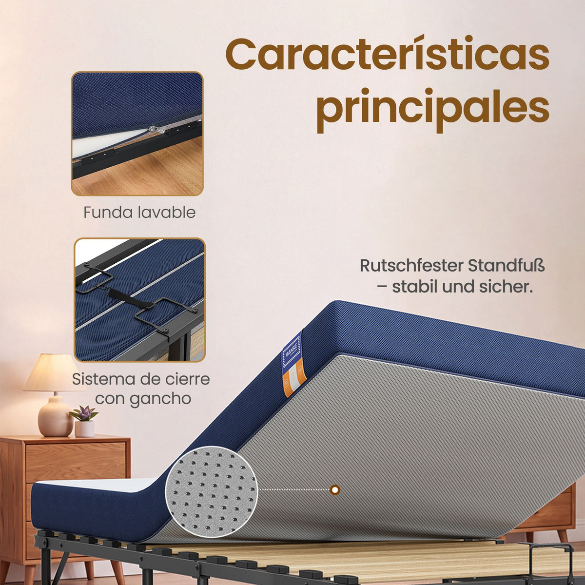 Opklapbed – 90 x 200 cm – Met 13 cm Matras – Op Wieltjes – Tot 250 kg – Blauw
