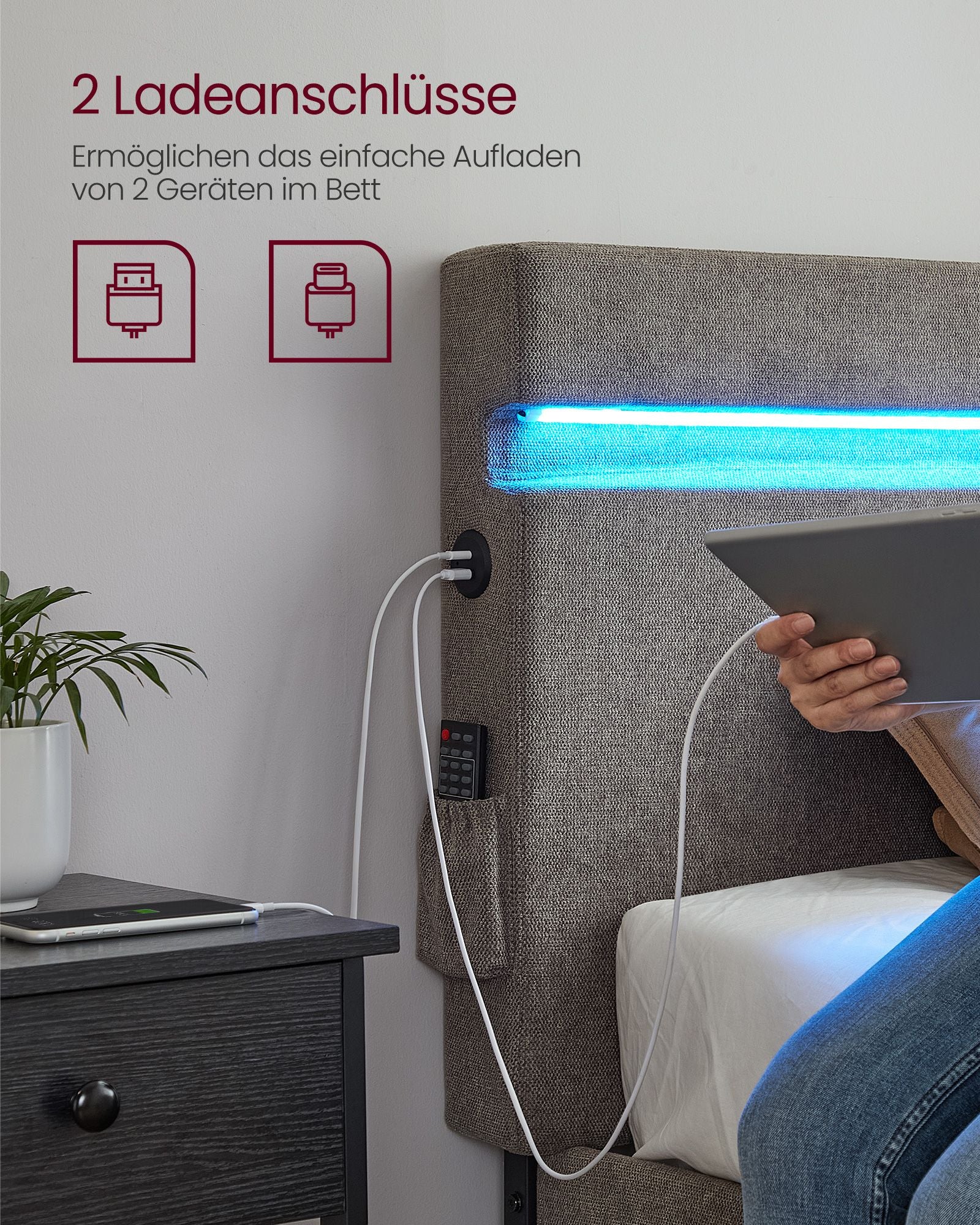 Metalen tweepersoonsbed met LED-verlichting donkergrijs