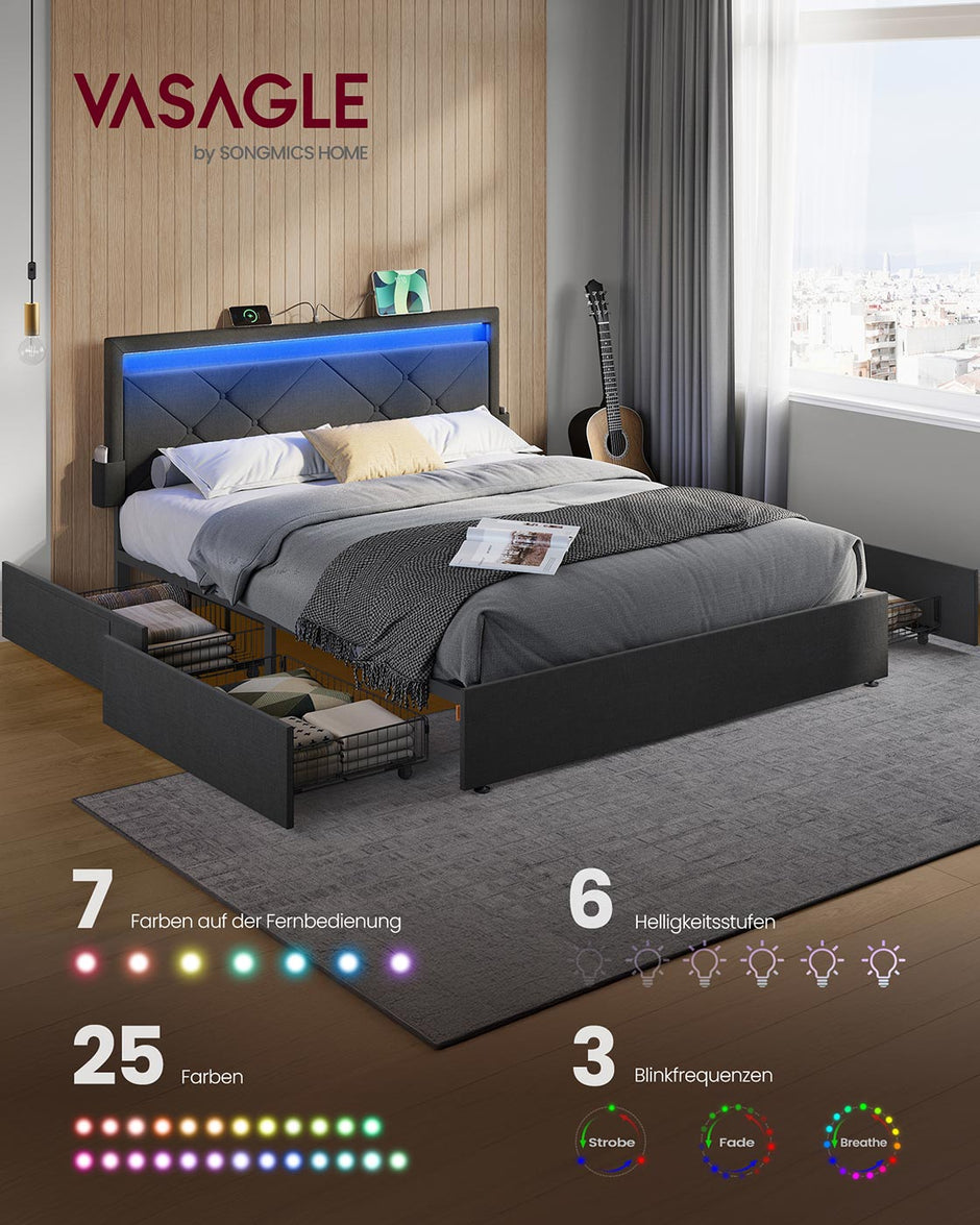 Tweepersoonsbedframe met hoofdbord – Staal – Leigrijs