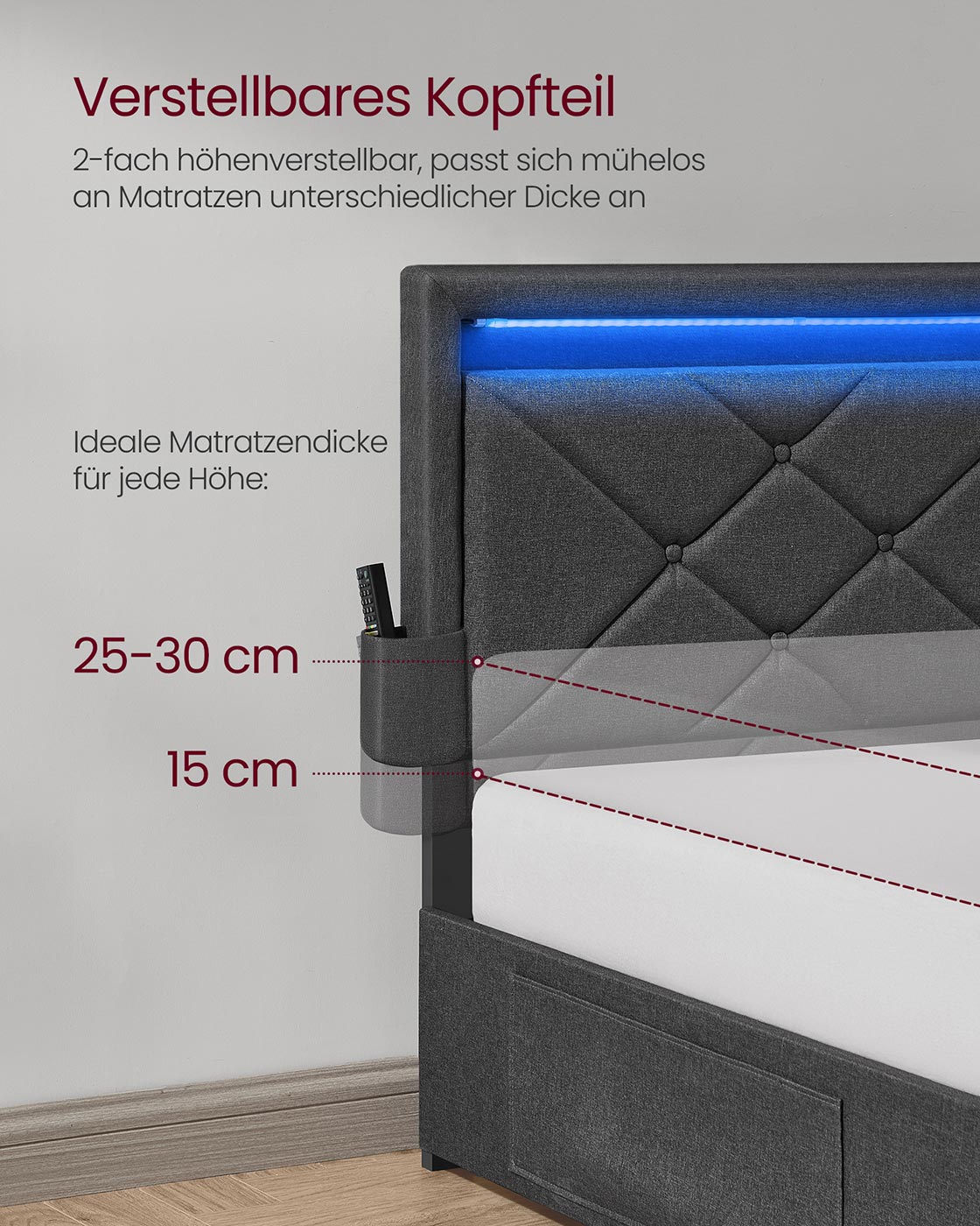 Tweepersoonsbedframe met hoofdbord – Staal – Leigrijs
