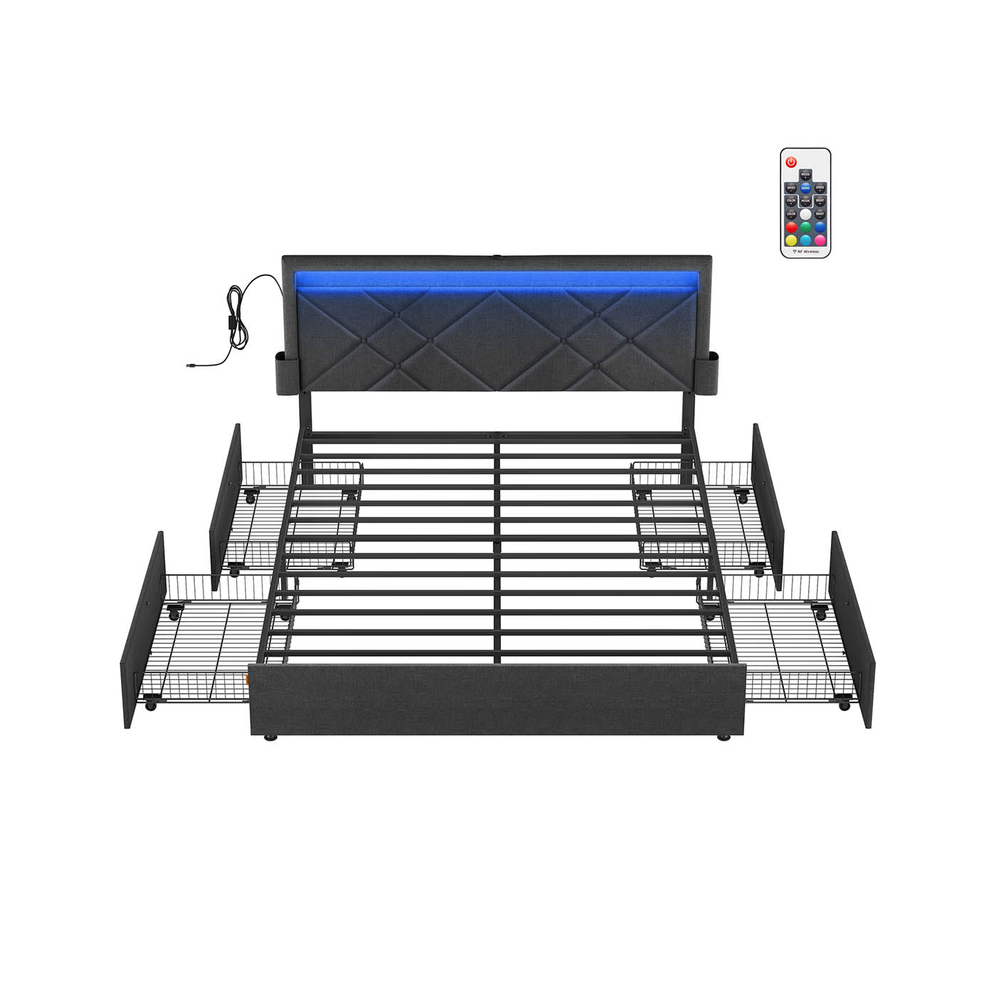 Tweepersoonsbedframe met LED en 4 lades leigrijs-mat zwart