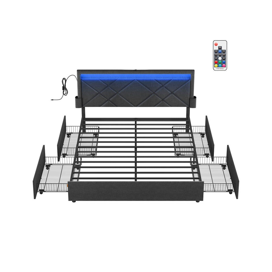 Tweepersoonsbedframe met LED en 4 lades leigrijs-mat zwart