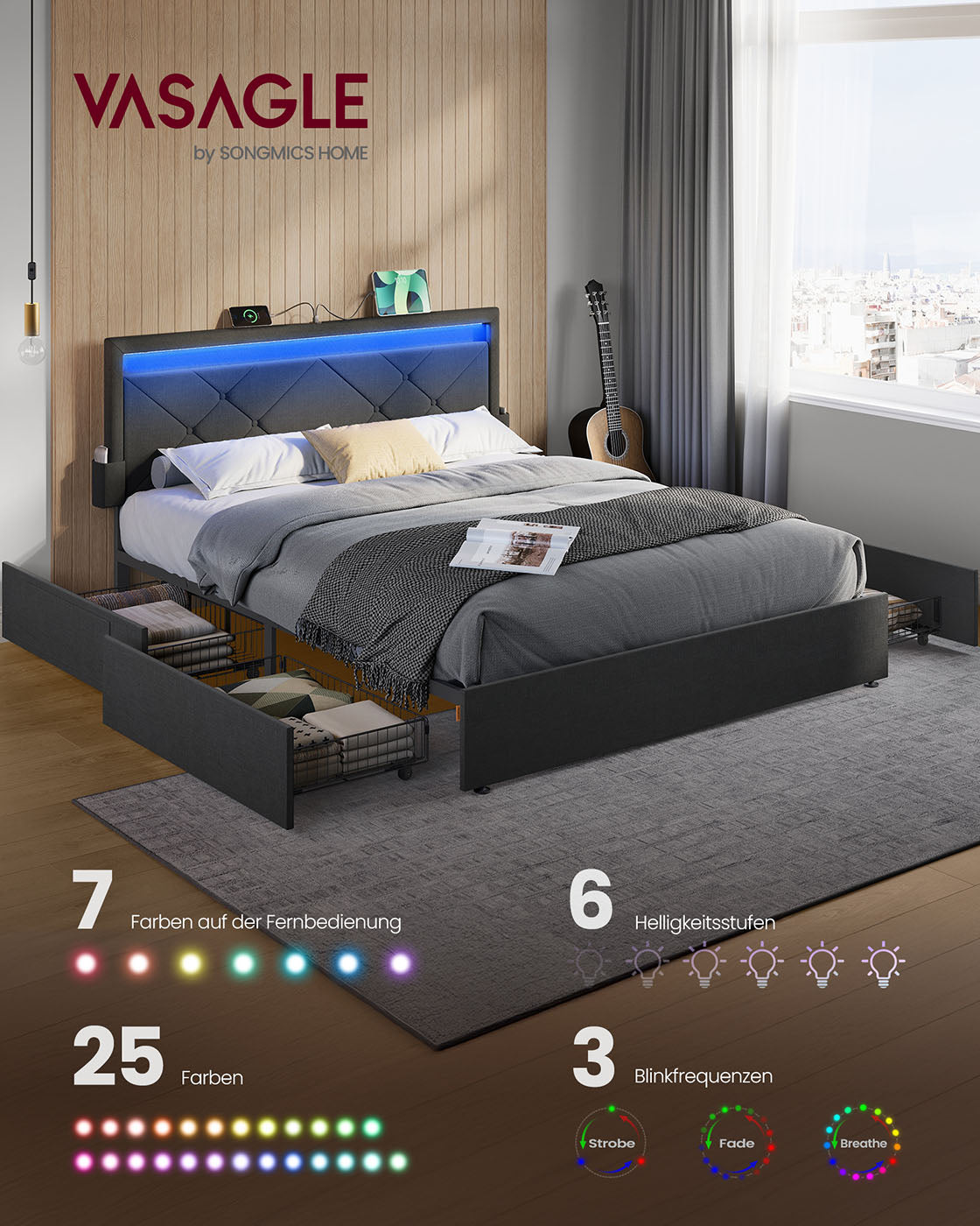 Tweepersoonsbedframe met LED en 4 lades leigrijs-mat zwart