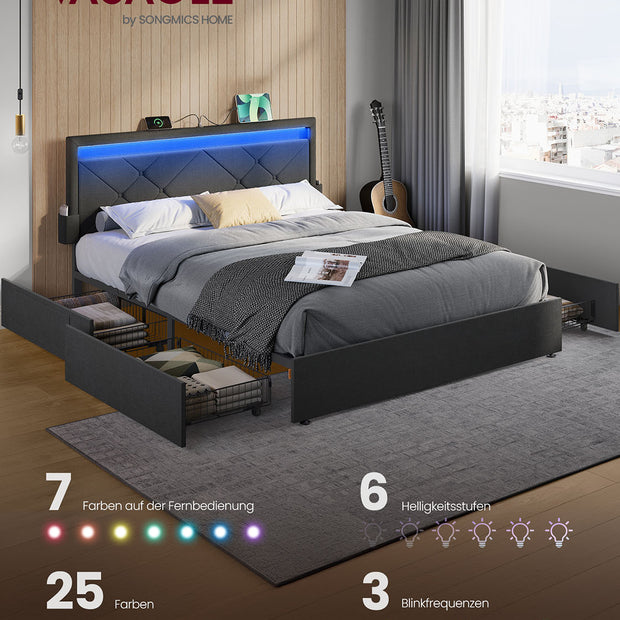 Tweepersoonsbedframe met LED en 4 lades leigrijs-mat zwart