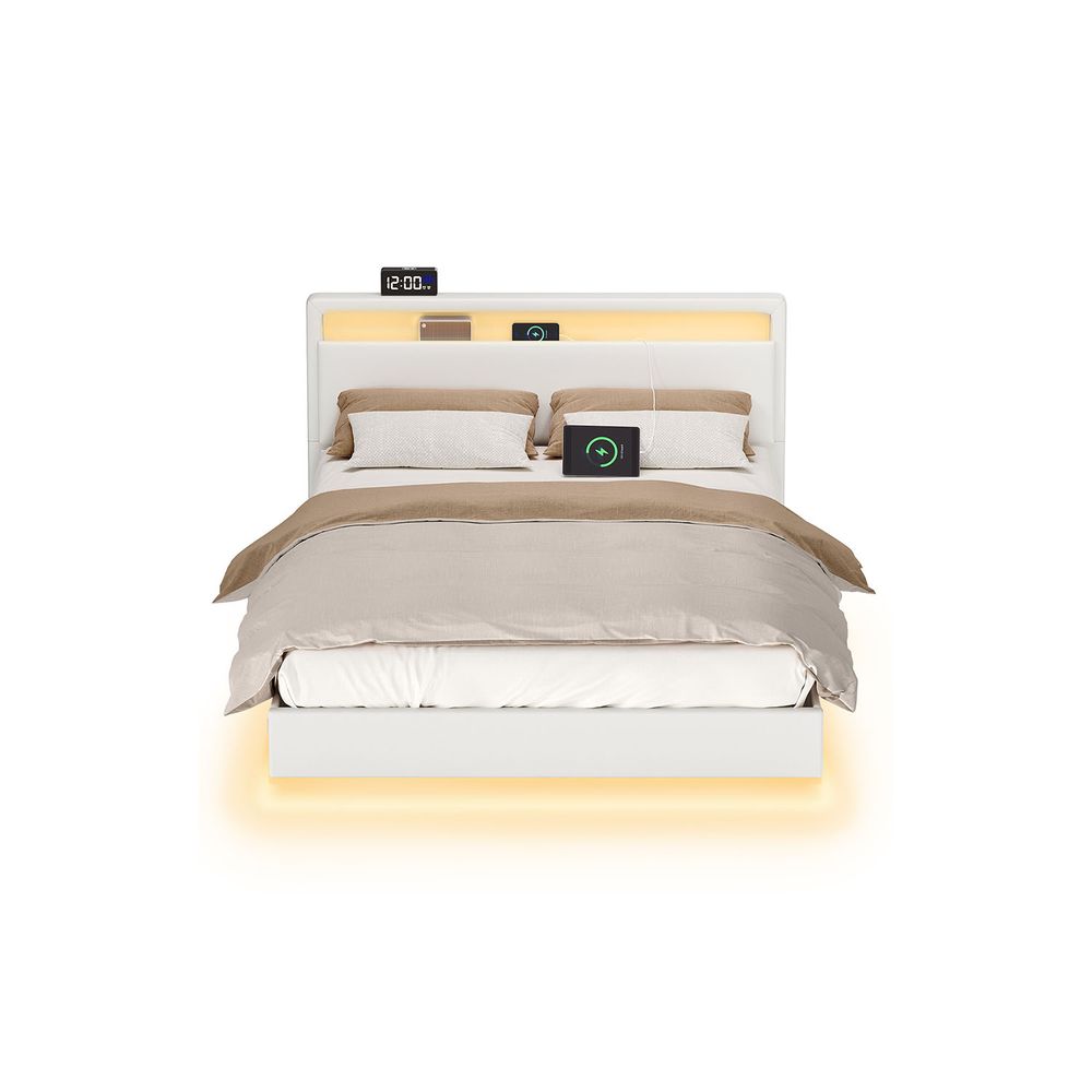 Bedframe 160x200 cm met LED-verlichting en USB-laadstation wolkwit