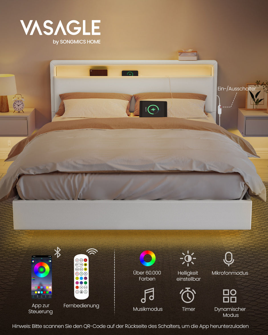 Bedframe 140x200 cm met LED-verlichting en USB-wolkwit