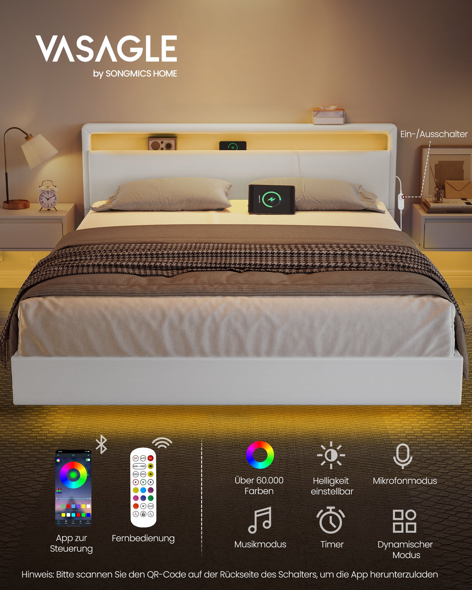 Bedframe 160×200 cm – met LED-verlichting en USB-laadstation