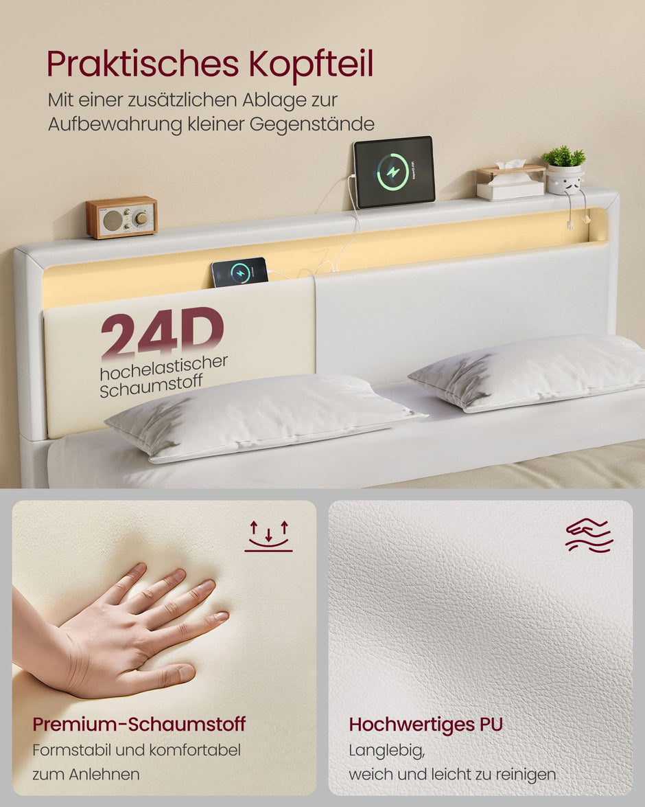 Bedframe 160x200 cm met LED-verlichting en USB-laadstation wolkwit