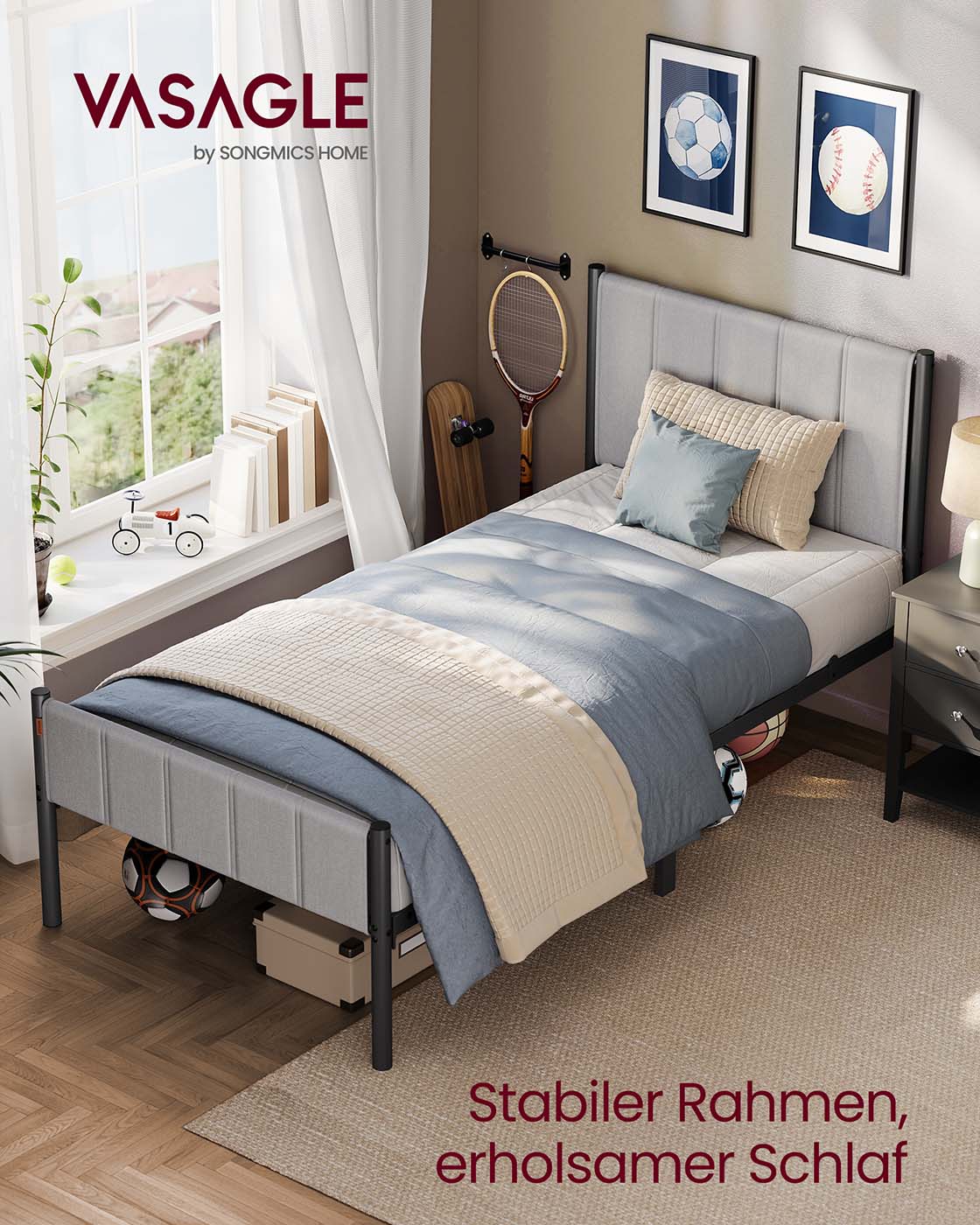 Eenpersoonsbedframe met stalen onderplaat - Duifgrijs