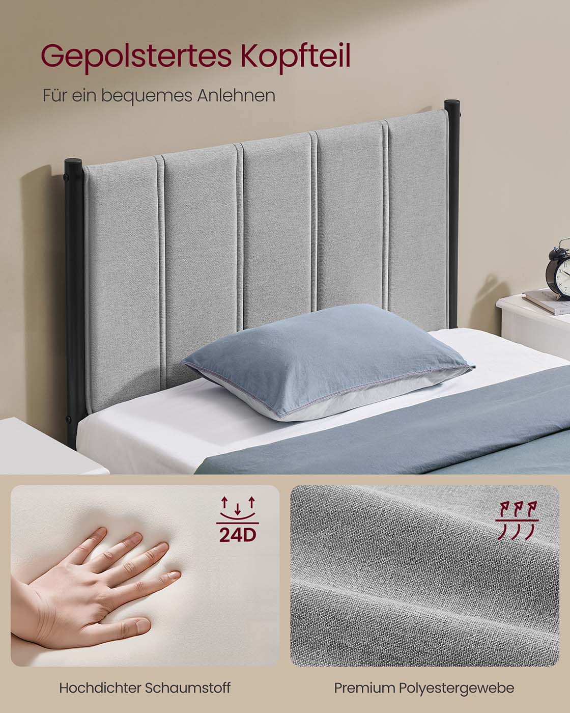 Eenpersoonsbedframe met stalen onderplaat - Duifgrijs