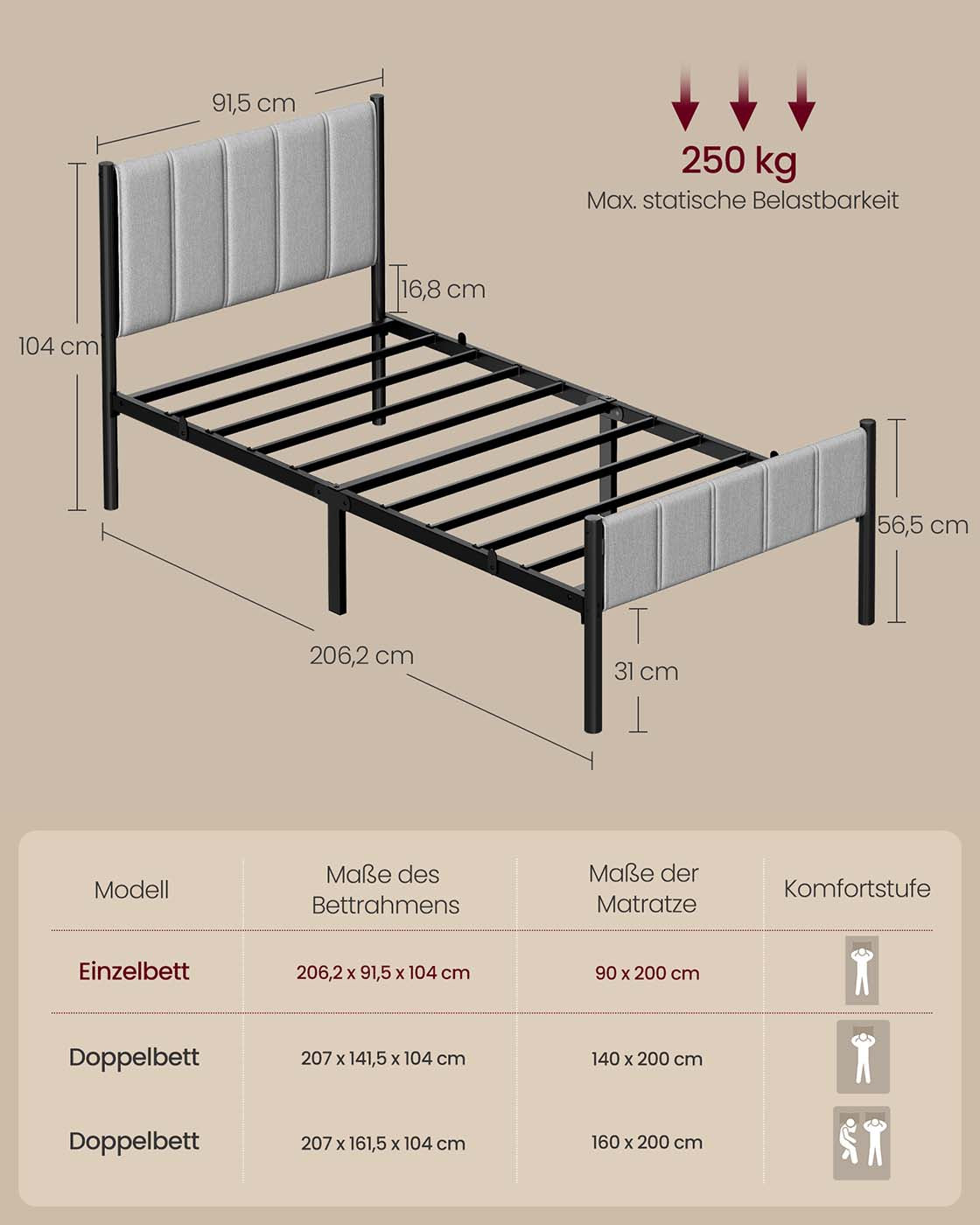 Eenpersoonsbedframe met stalen onderplaat - Duifgrijs