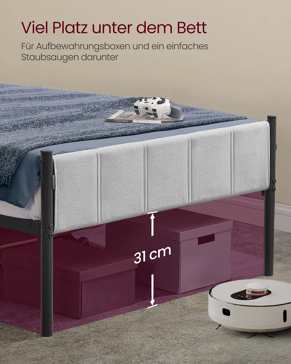 Eenpersoonsbedframe met stalen onderplaat - Duifgrijs