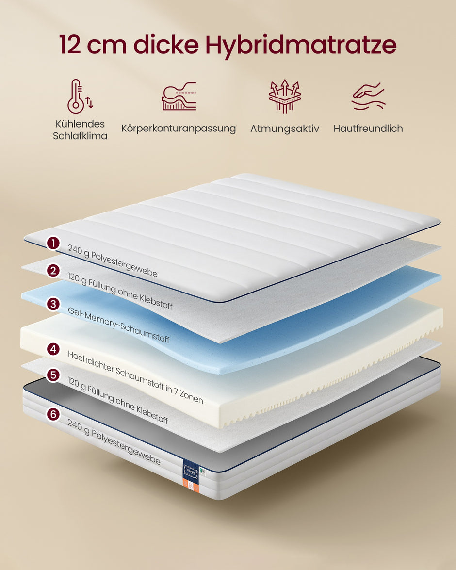 Matras - 160 x 200 cm - gel-traagschuim - ademend - afneembare hoes - 12 cm dik - wit - max. gewicht 10,6 kg