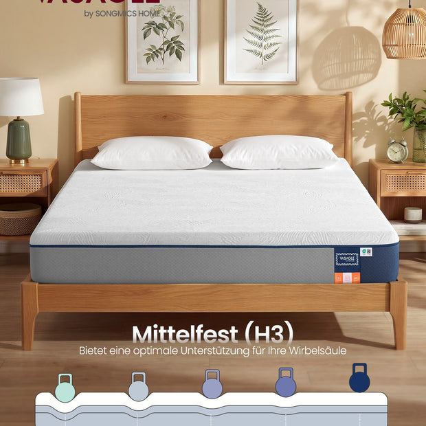 Matras - 140 x 200 cm - gel-traagschuim - middelhard - 20 cm dik - blauwe hoes - 19,4 kg