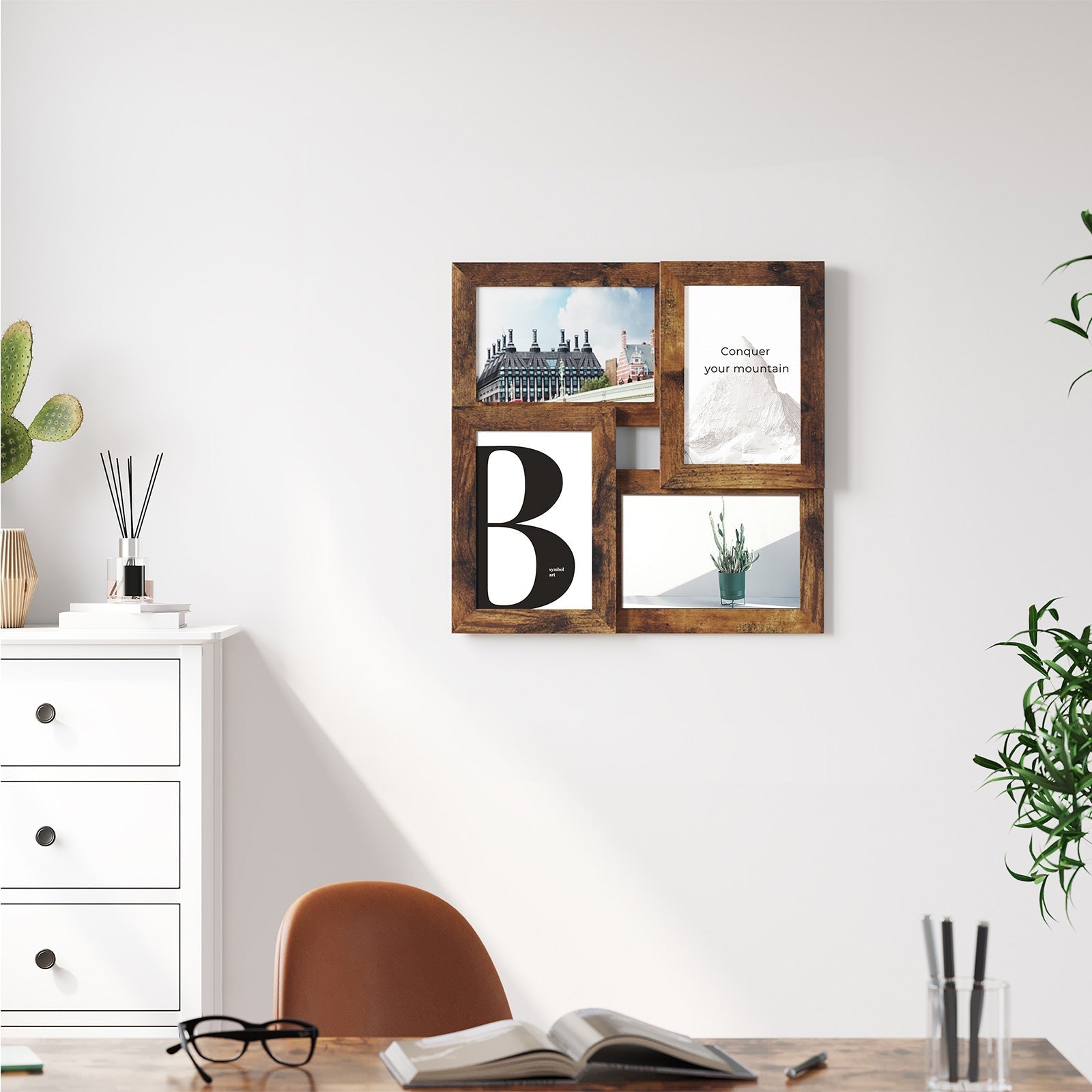 Fotolijst collage – Voor 4 foto's – Glazen paneel – Vintage bruin