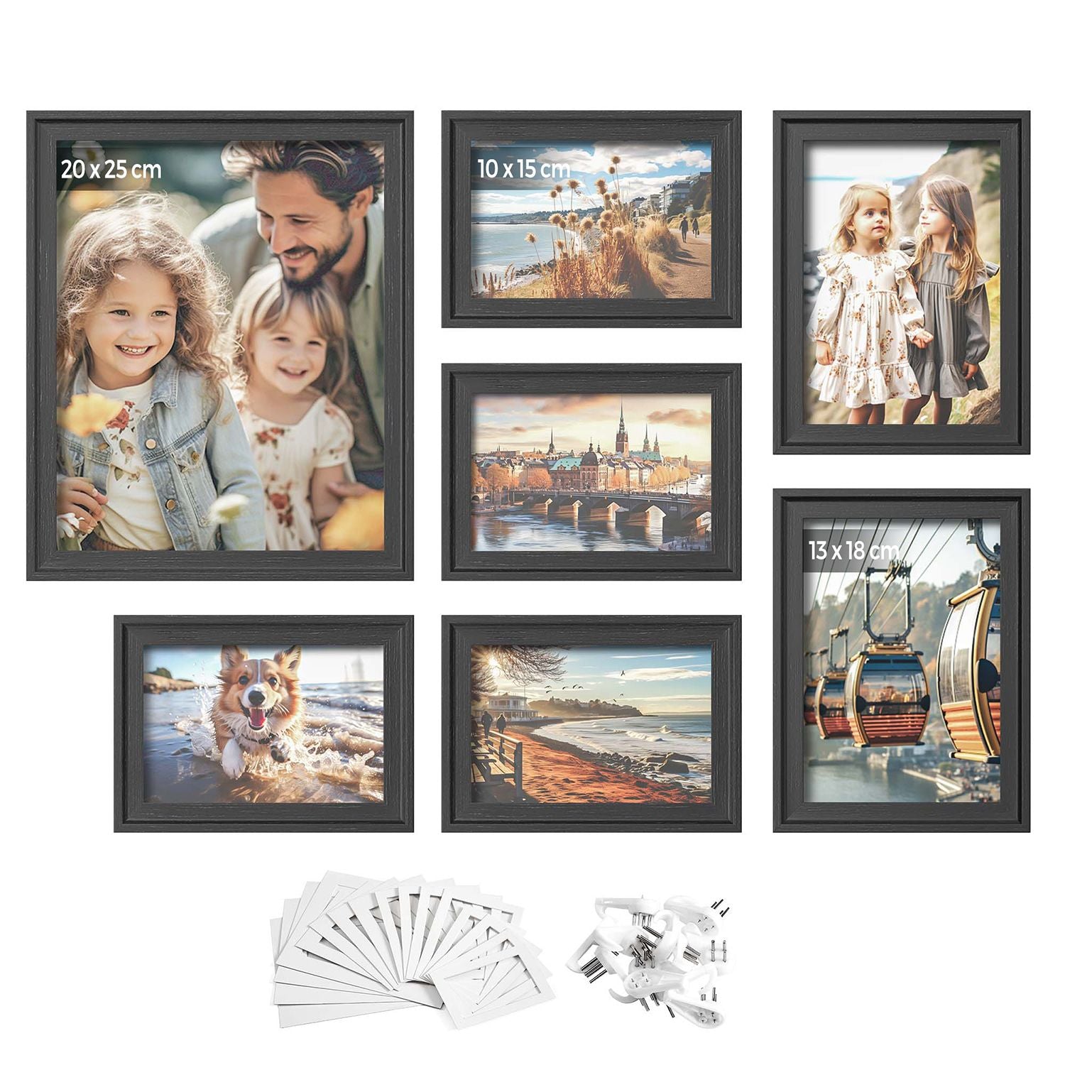 Set Van 7 Fotolijsten Met Non-Marking Muurhaken, Aszwart