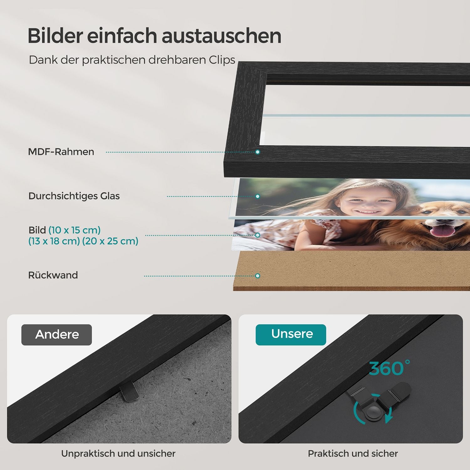 Set Van 7 Fotolijsten Met Non-Marking Muurhaken, Aszwart