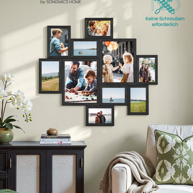 Fotolijstje - Set van 10 - Diverse maten - 20 x 25 cm, 13 x 18 cm, 10 x 15 cm - Zwart - PVC-kunststof - Totale gewicht 1,7 kg