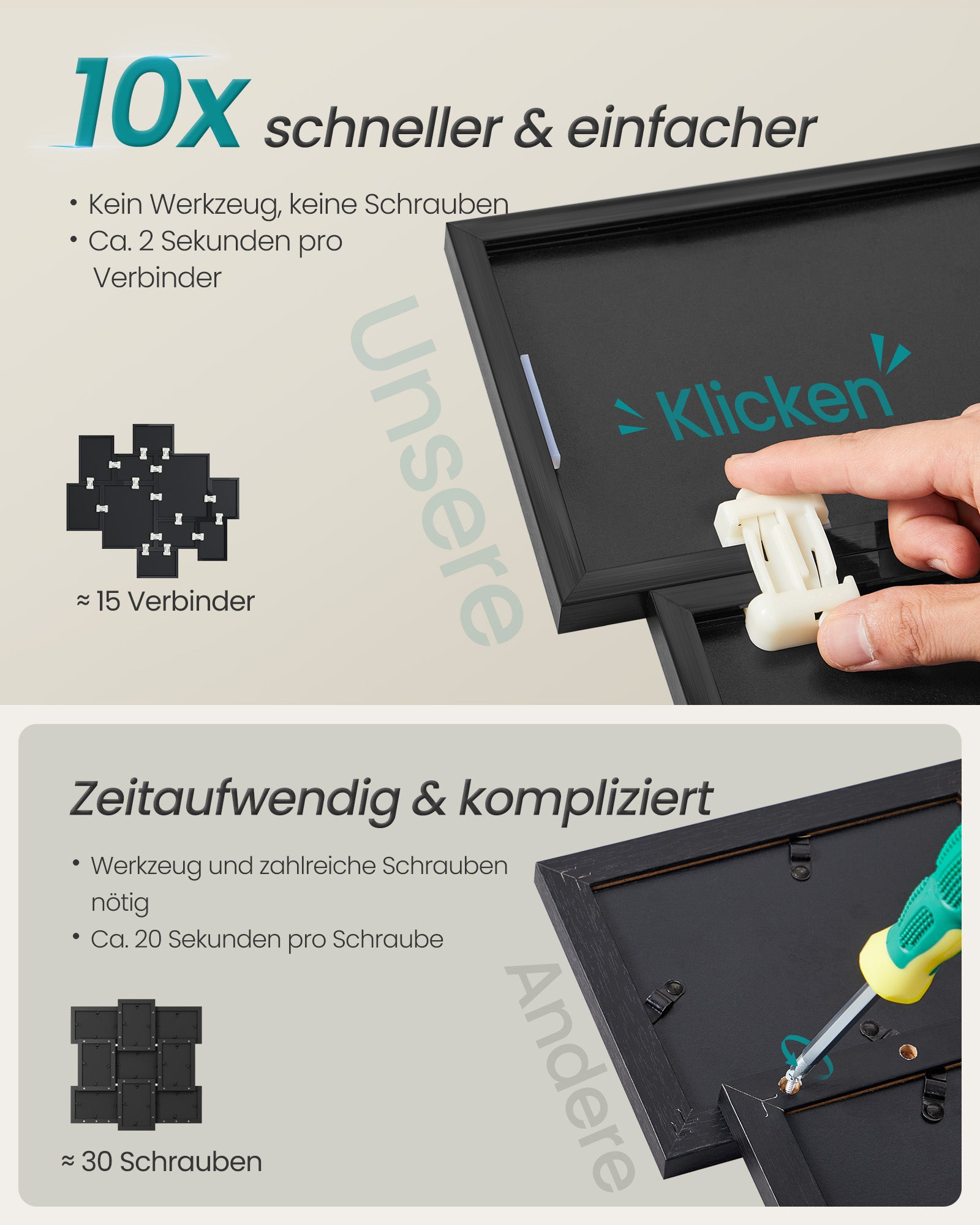 Fotolijstje - Set van 10 - Diverse maten - 20 x 25 cm, 13 x 18 cm, 10 x 15 cm - Zwart - PVC-kunststof - Totale gewicht 1,7 kg