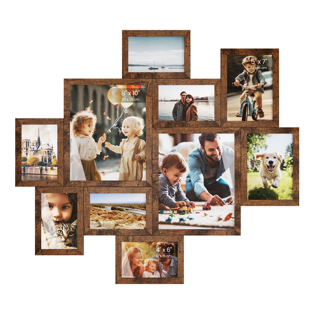 Fotolijst - Set van 10 - Diverse maten 17,4 x 12,3 cm, 20 x 14,8 cm, 27,5 x 22,5 cm - Materiaal PVC en MDF - Kleur Roodbruin - Geschikt voor fotoformaten tot 20 x 25 cm - Totaal gewicht 1,73 kg