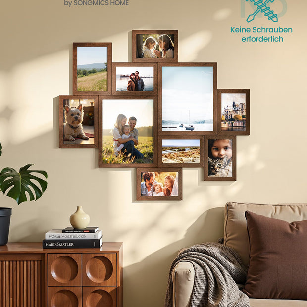 Fotolijst - Set van 10 - Diverse maten 17,4 x 12,3 cm, 20 x 14,8 cm, 27,5 x 22,5 cm - Materiaal PVC en MDF - Kleur Roodbruin - Geschikt voor fotoformaten tot 20 x 25 cm - Totaal gewicht 1,73 kg