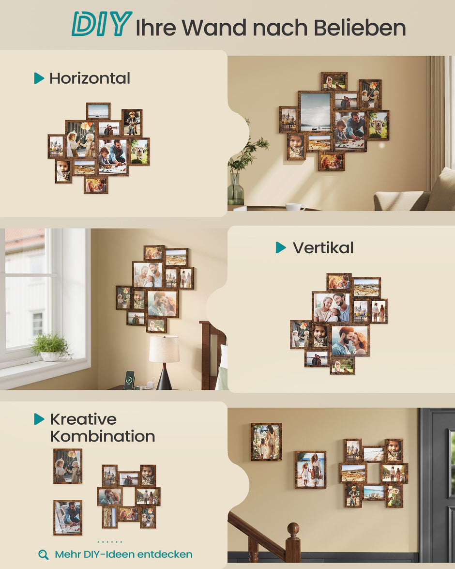 Fotolijst - Set van 10 - Diverse maten 17,4 x 12,3 cm, 20 x 14,8 cm, 27,5 x 22,5 cm - Materiaal PVC en MDF - Kleur Roodbruin - Geschikt voor fotoformaten tot 20 x 25 cm - Totaal gewicht 1,73 kg