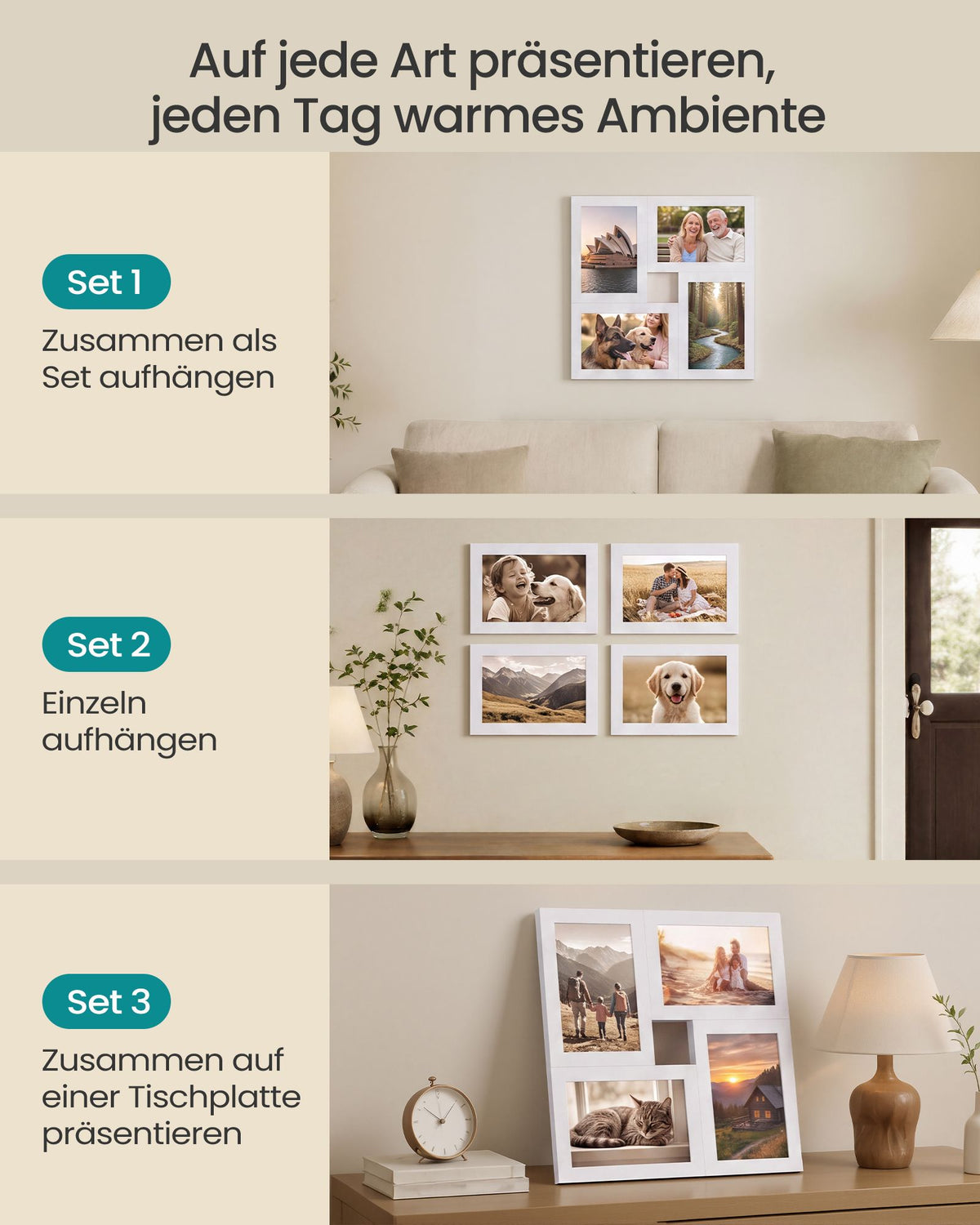 Fotolijsten Set – Compact – Gereedschapsloos Ophangen of Neerzetten – 10 x 15 cm – Wit