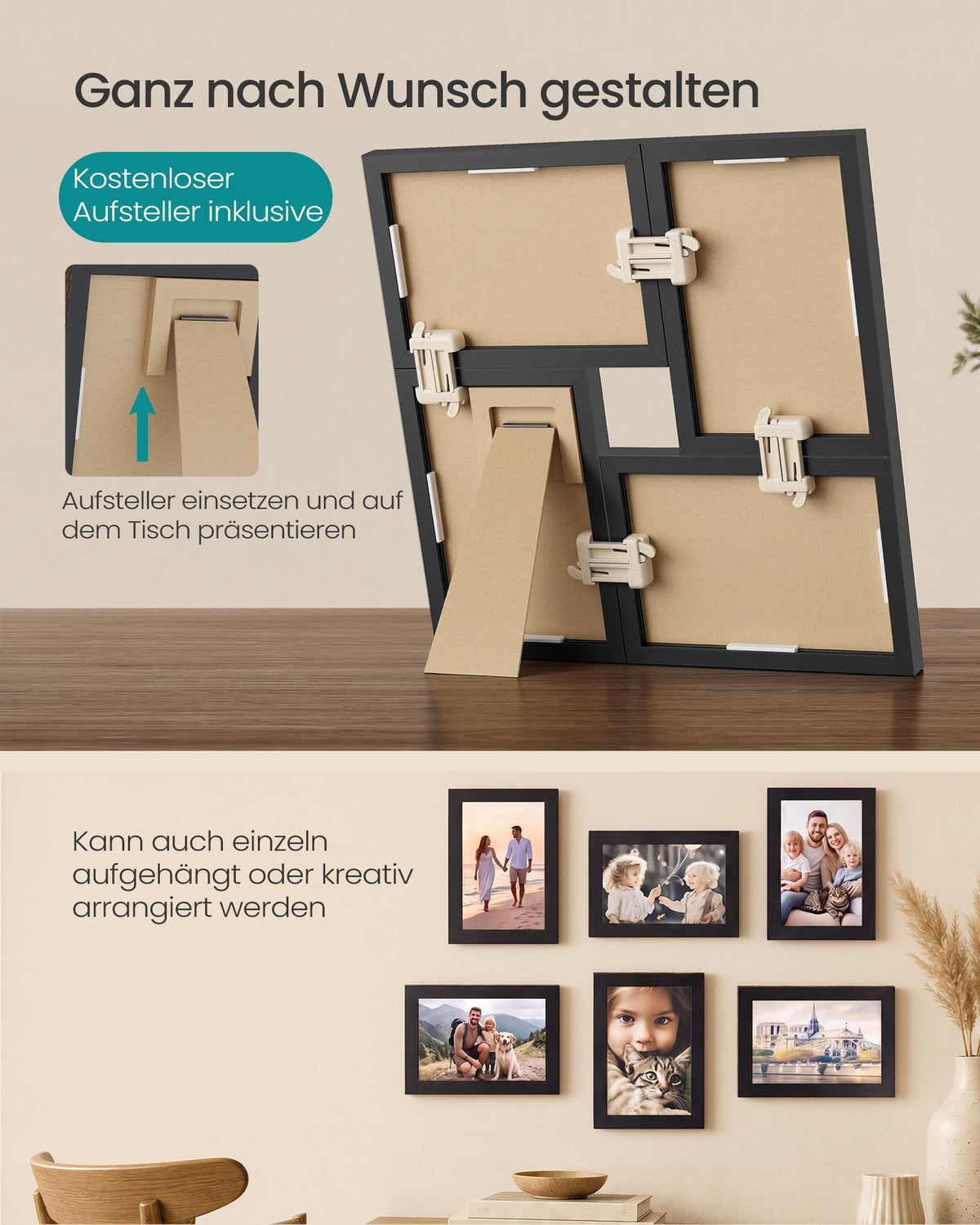 Fotolijsten Set – Middelgroot – Gereedschapsloos Ophangen of Neerzetten – 10 x 15 cm – Zwart