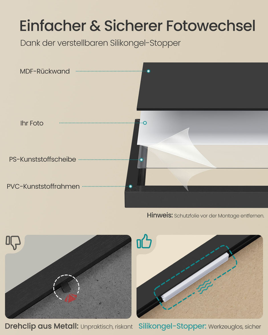 Fotolijsten Set – Middelgroot – Gereedschapsloos Ophangen of Neerzetten – 10 x 15 cm – Zwart