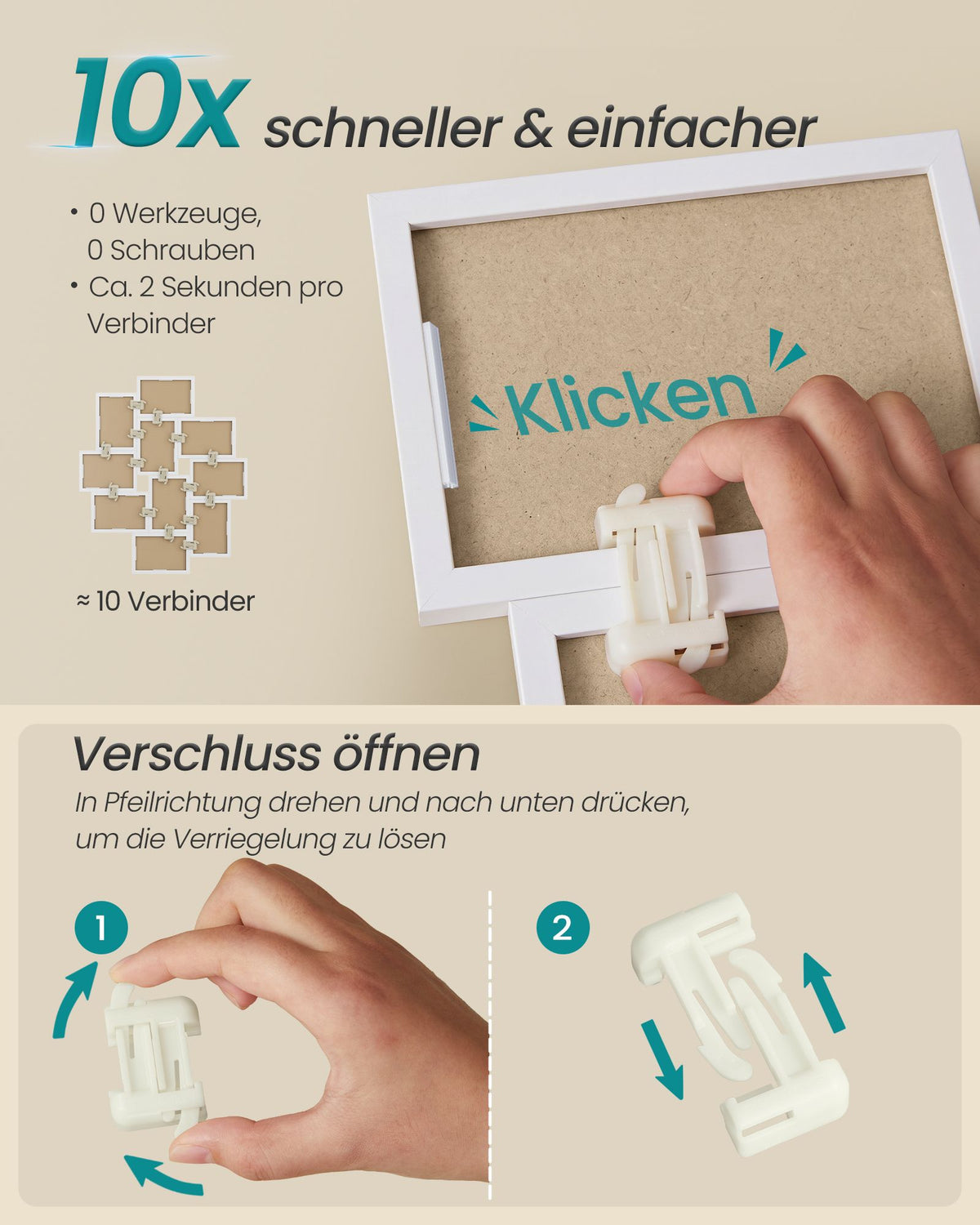 Fotolijsten Set – Middelgroot – Gereedschapsloos Ophangen of Neerzetten – 10 x 15 cm – Wit