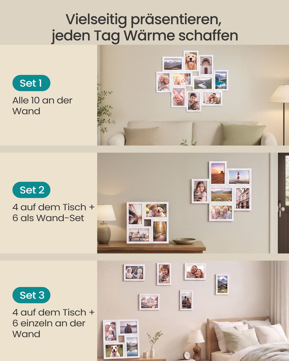 Fotolijsten Set – Middelgroot – Gereedschapsloos Ophangen of Neerzetten – 10 x 15 cm – Wit
